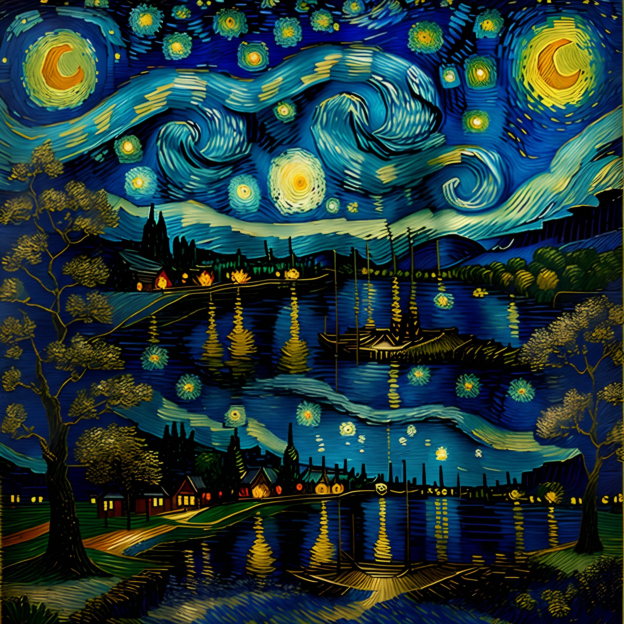 Complete reproduction of Van Gogh Starry Night, Van Gogh Style, Countryside, River, Small, Moon, Stars, Big Trees, in a Van Gogh inspired oil painting