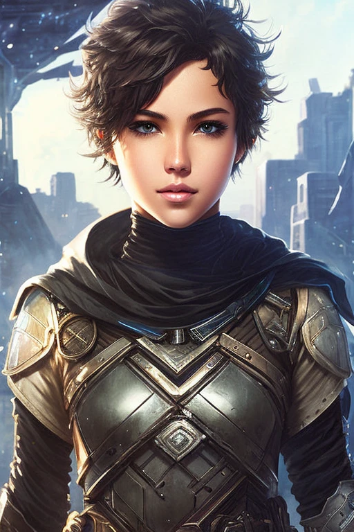 detailed eyes; black short hair; tall; light skin; female; young; from the future; posing with 2 swords; wearing tang top; masterpiece; best quality; camera angle from top; cute