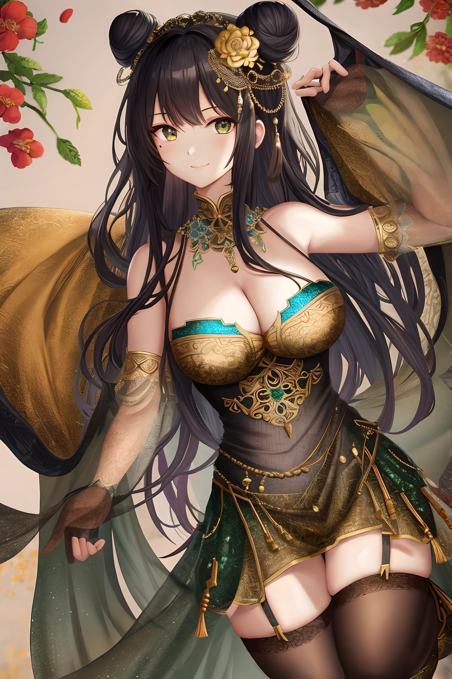 detailed skin texture, detailed cloth texture, detailed face, masterpiece, best quality, super detailed, 8k, intricate detail, best quality, 1girl, bangs, bare shoulders, black hair, ancient chinese background, big breasts , thin, cape, cleavage, collarbone, patterned green dress, gloves, bun, hair accessory, hair stick, jewelry, a mole, necklace, smile, solo, stockings, (hiqcgbody:0.5), (hiqcgface :0.5), full body, nude