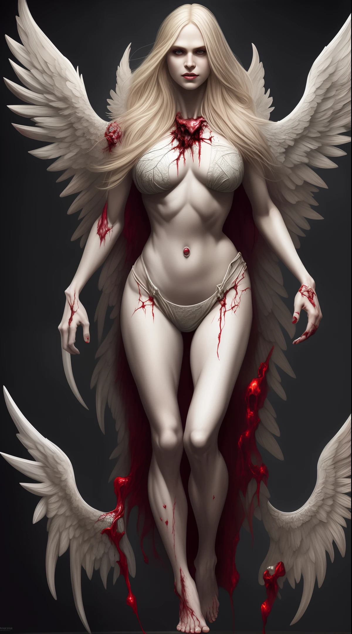 Young beautiful angel, full body, seductive smile, big breasts, smooth skin, veins, fat, bare feet, long blonde hair, big breasts, skin details, bikini, dark, horror, masterpiece, extreme, intricate details, funny , scary, chromatic aberration, depth of field, soft light, tone mapping, highly detailed, concept art, smooth, sharp focus, dramatic lighting, highly detailed artwork, film, bleeding mouth, body wounds