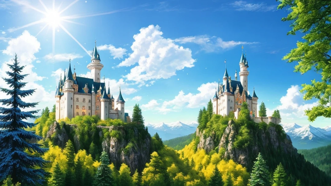castle that looks like a snow globe, bright and sunny, fir trees and clouds, high quality, photorealism