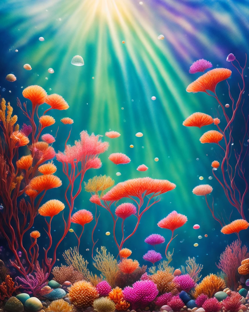 macro photography underwater forest, air bubbles, multicolored pebbles, ray of light, elaborate, highly detailed, realistic, intricate, elegant, diffused cinematic light, watercolor painting, paint dripping