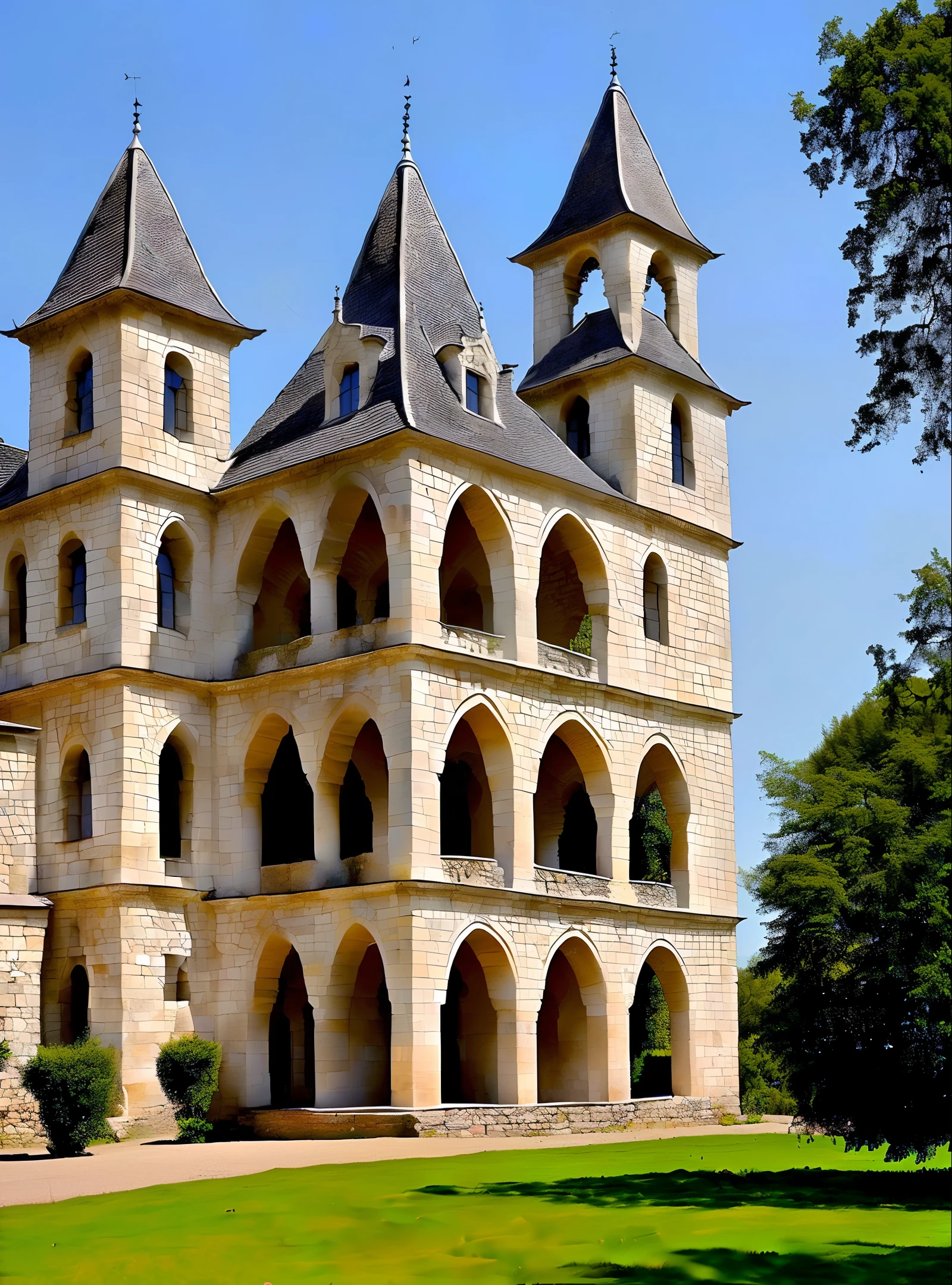 Medieval castle with a tiled roof and high columns in the Gothic style. Gargoyle statues.