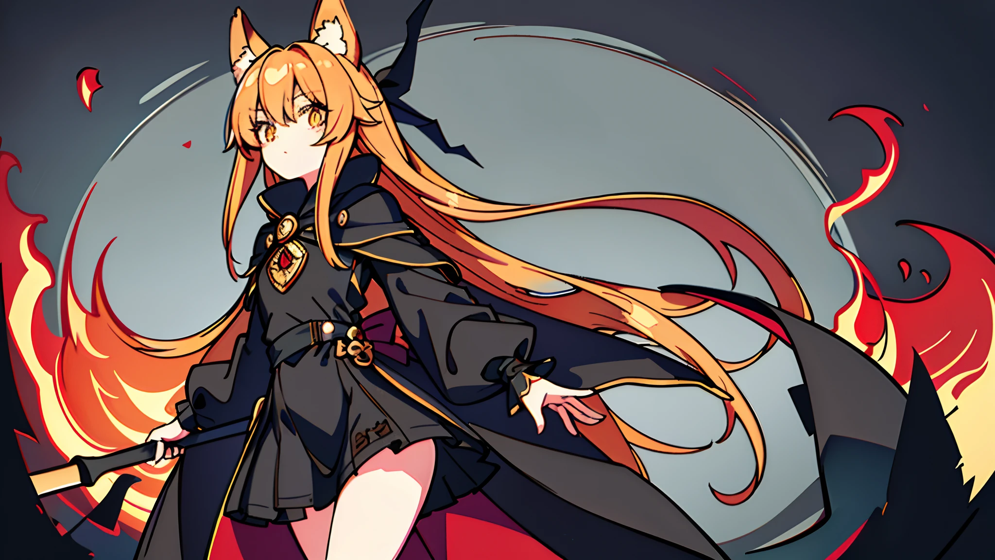 "An exquisite masterpiece with the best quality and ultra-detailed imagery, depicting an adorable upper body shot of a girl in a small robin. She looks like a black mage, and is holding a long black wooden staff while wearing a Shabby and dilapidated cloak, casting a powerful fire ball spell with both her hands, complementing her stunning golden eyes, dark orange hair, fox ears, fox tail."