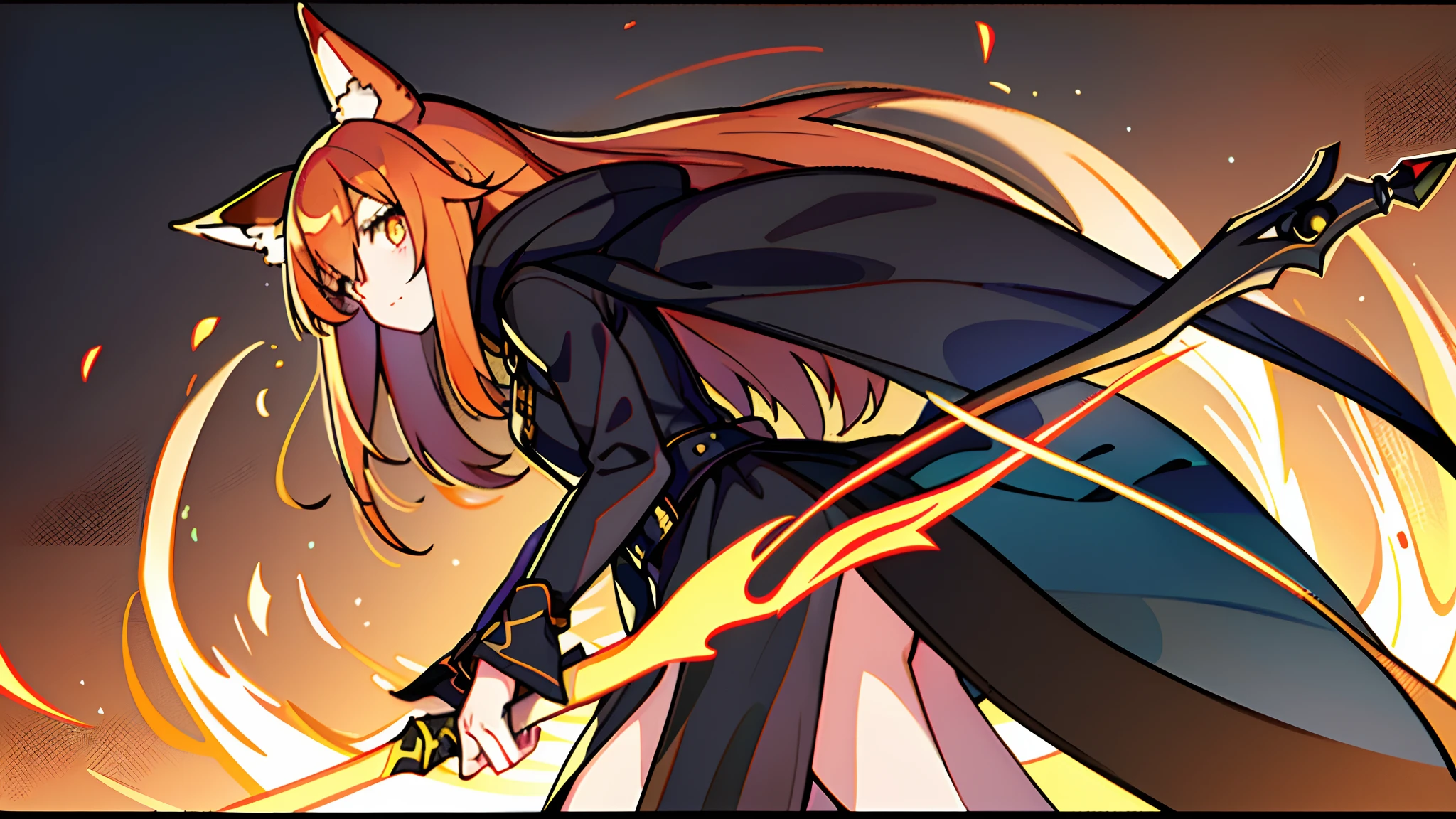 "An exquisite masterpiece with the best quality and ultra-detailed imagery, depicting an adorable upper body shot of a girl in a small robin. She looks like a black mage, and is holding a long black wooden staff while wearing a shabby and dilapidated cloak, preparing spells before battle, complementing her stunning golden eyes, dark orange hair, fox ears, fox tail."