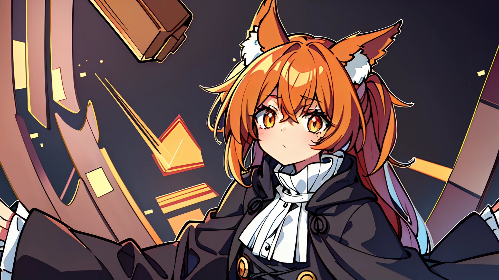 "An exquisite masterpiece with the best quality and ultra-detailed imagery, depicting an adorable upper body shot of a girl in a small cottage. She looks like a poor black mage facing economic difficulties, and is wearing a shabby and dilapidated cloak, struggling preparing spells before battle, complementing her stunning golden eyes, dark orange hair, fox ears, fox tail."