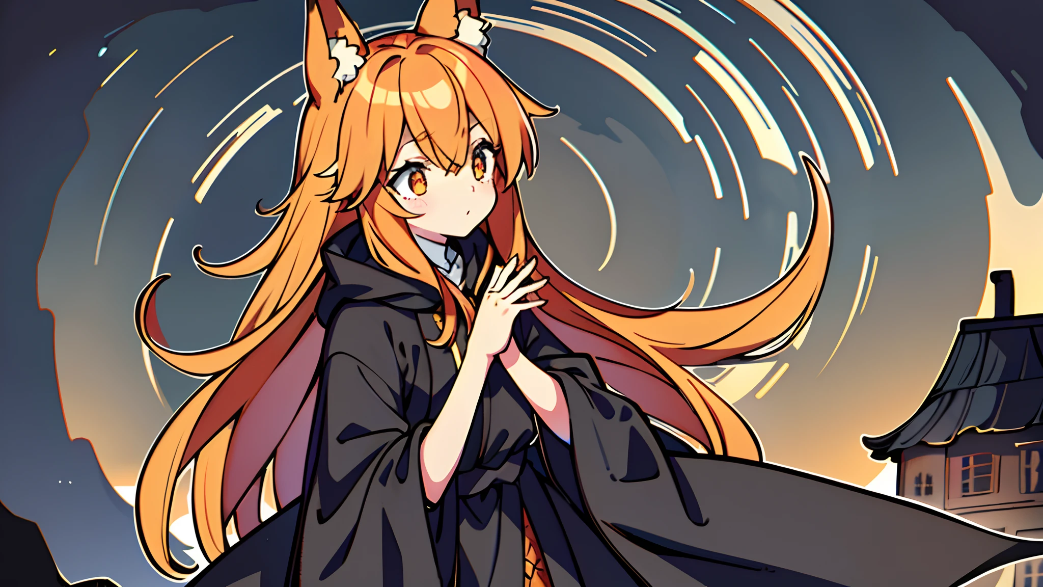 "An exquisite masterpiece with the best quality and ultra-detailed imagery, depicting an adorable upper body shot of a girl in a small cottage. She looks like a poor black mage facing economic difficulties, and is wearing a shabby and dilapidated cloak, struggling preparing spells before battle, complementing her stunning golden eyes, dark orange hair, fox ears, fox tail."