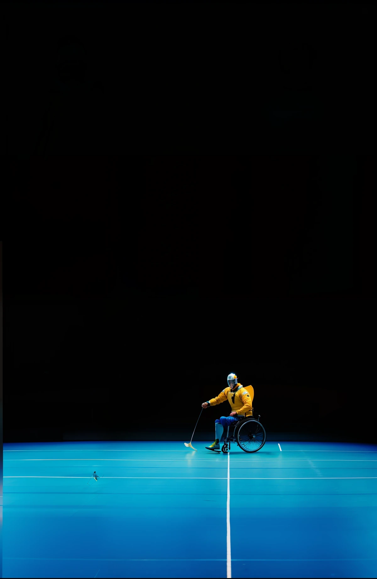 there is a man in a wheelchair with a fencing helmet on, holding an epee, photo from a spectator, in scotland, captured on iphone, paul robertson, proud looking, paul davey, photo taken from far, competition winning,