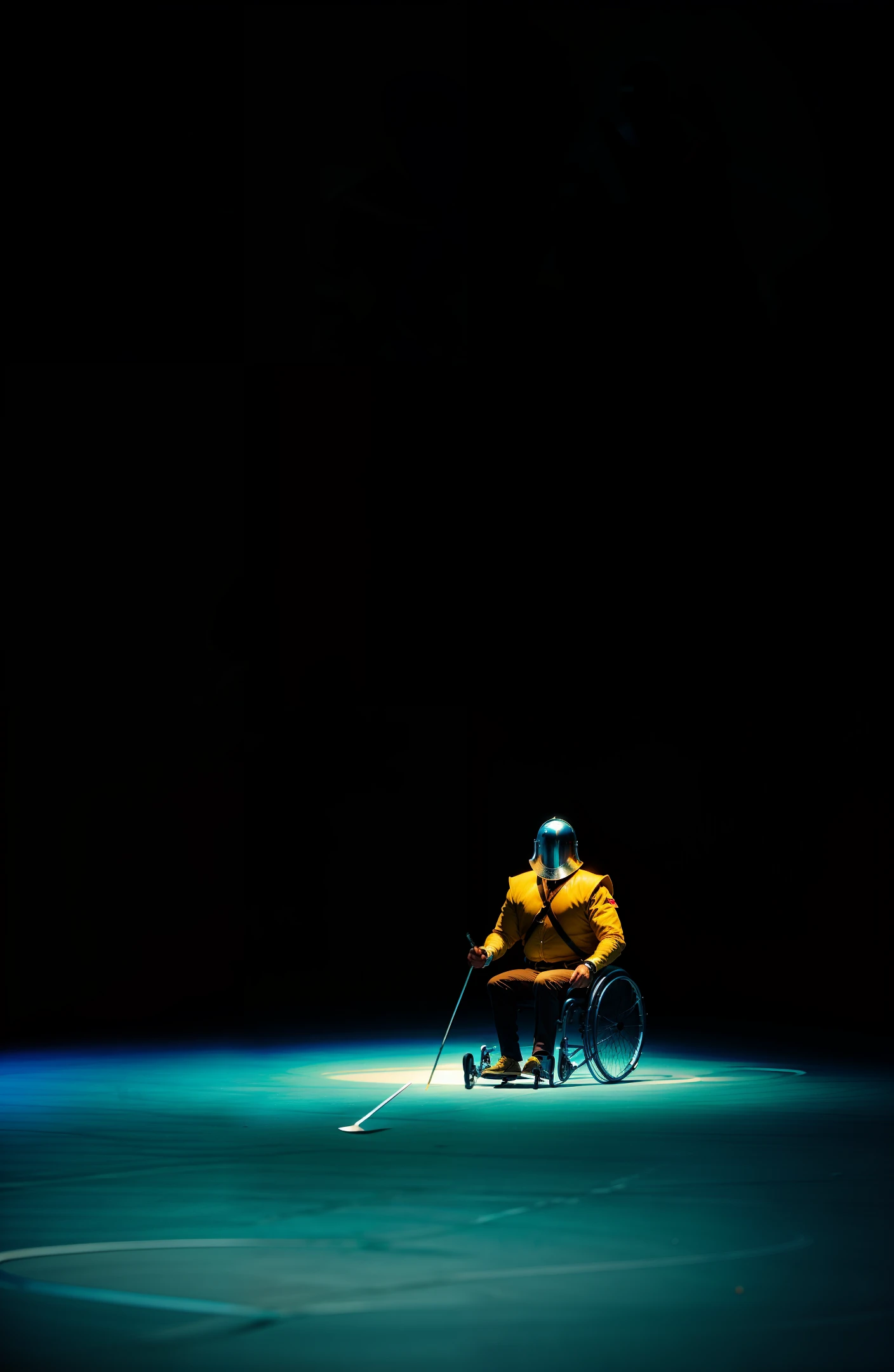 there is a man in a wheelchair with a fencing helmet on, holding a sabre, in Scotland