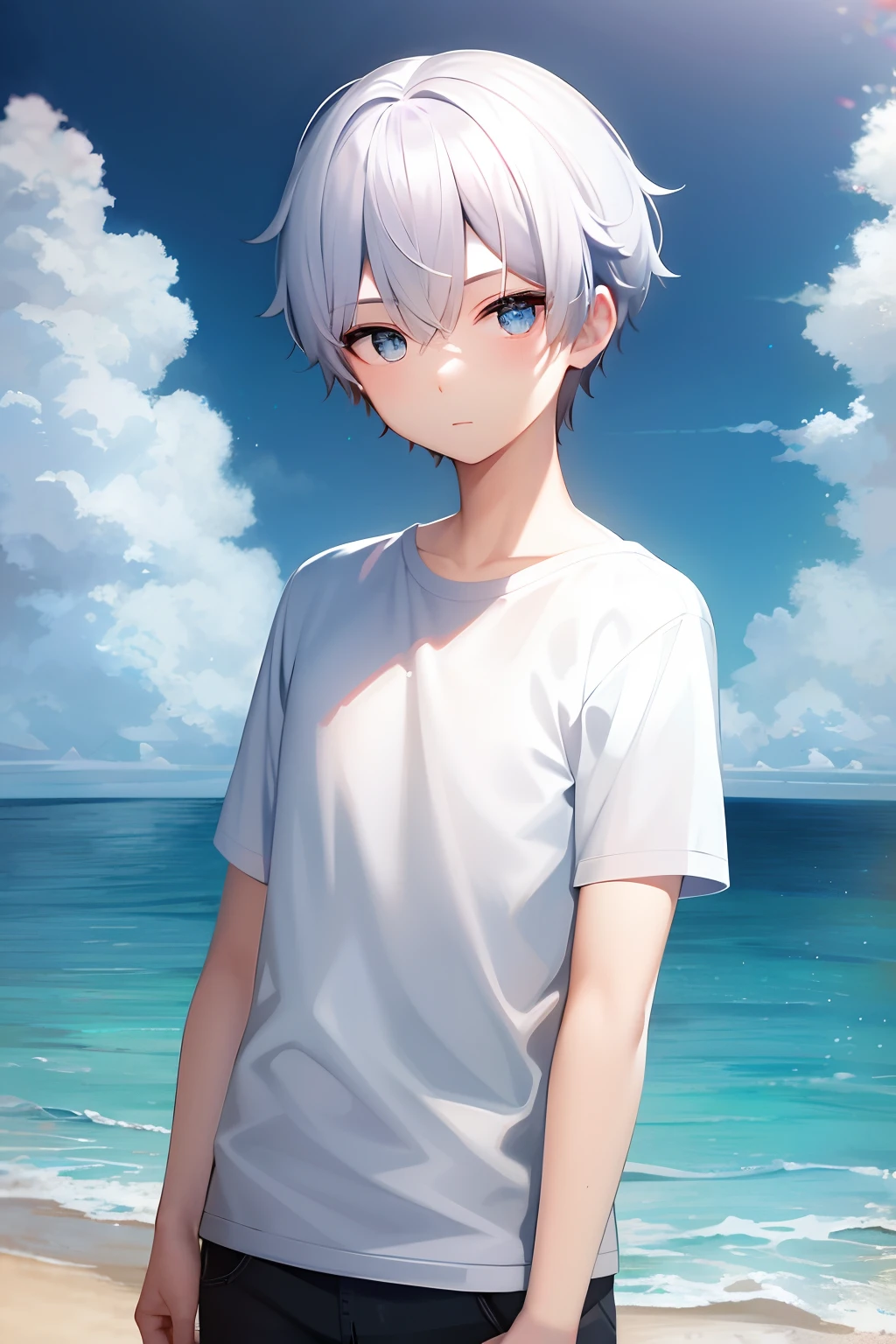 1boy，刘海，blue_eyes，cloud，hair_between_eyes，Round neck and short sleeves，Behind wave，looking_at_viewer，male_focus，short_hair，solo，upper_body，white_hair