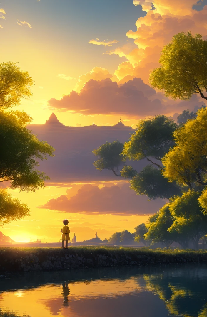 (extremely detailed CG unity 8k wallpaper, masterpiece, best quality, ultra-detailed), bright illumination, warm sunlight, an extremely delicate and beautiful floating anime scene, (young boy:1.2) standing on the riverside, watching a tall temple on the other side of the river, (bright yellow sky:1.1) reflecting on the water surface, (river flow and ripples:0.9) forming an elegant landscape. No trees. Close up shot from behind.