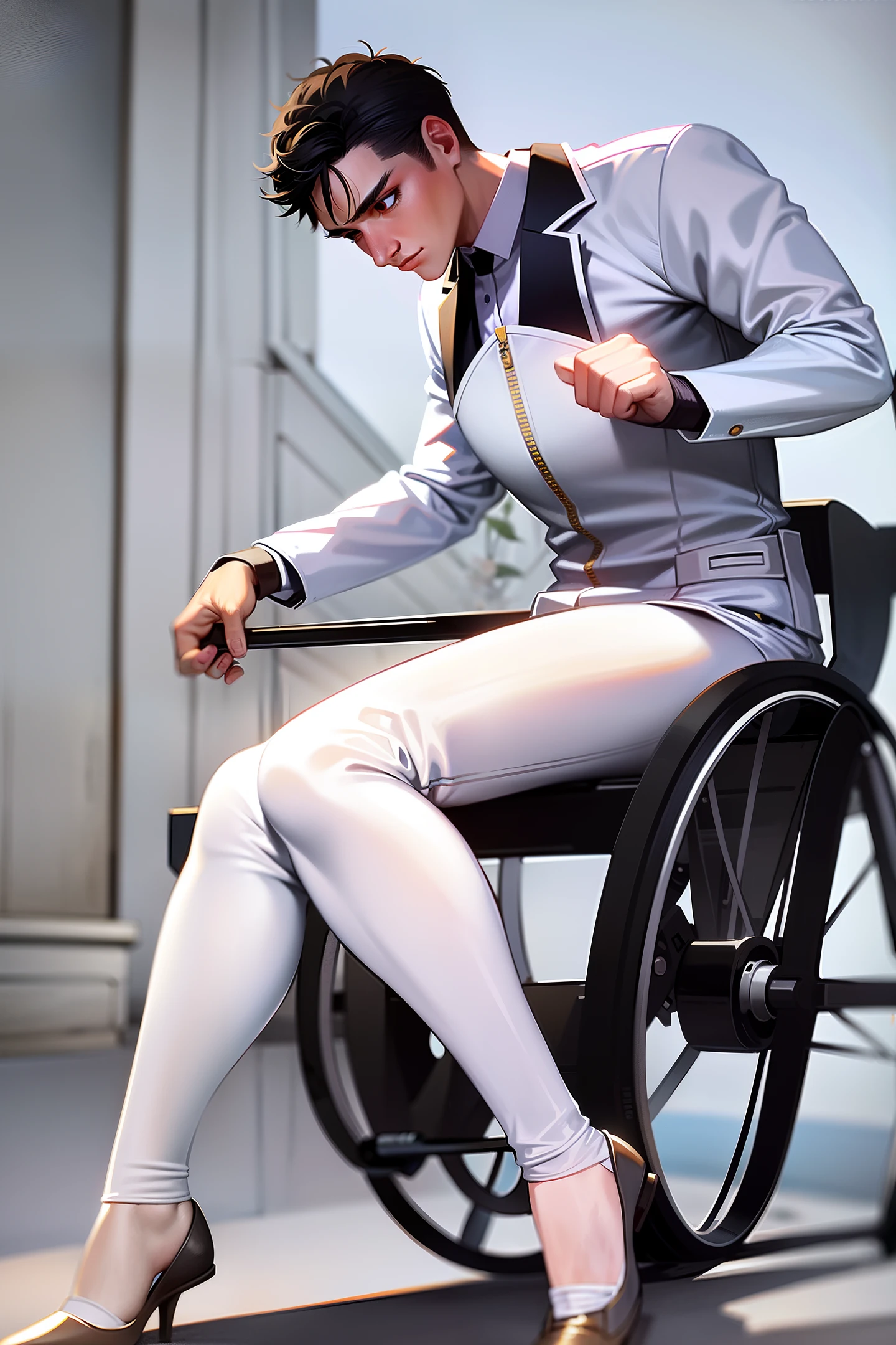 An inspirational and striking photo of a skilled fencing athlete, dressed in elegant white fencing attire, seated in a wheelchair and demonstrating impressive form and skill by lunging powerfully with a gleaming sabre- a true symbol of determination and strength.