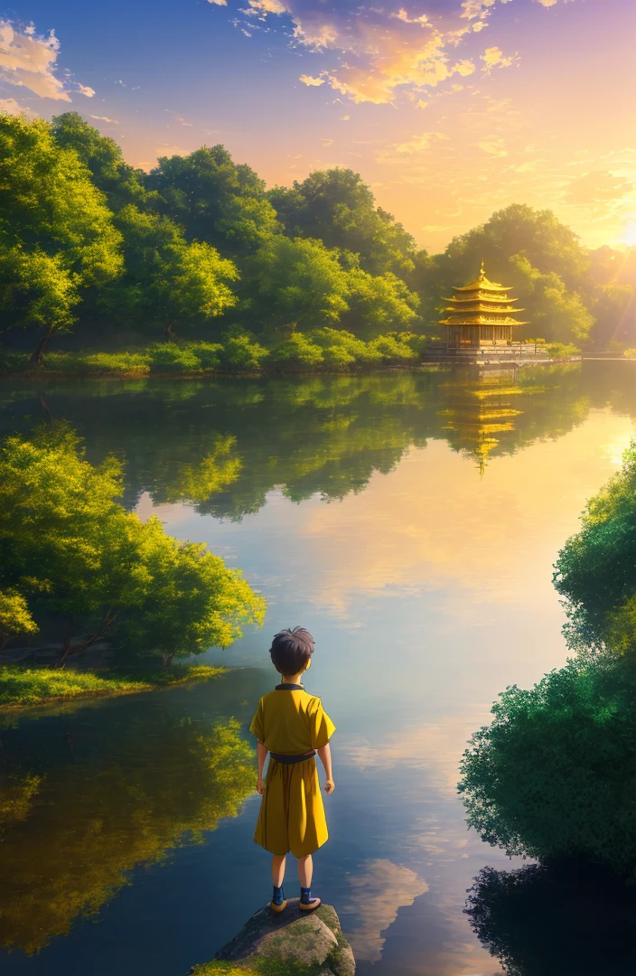 (extremely detailed CG unity 8k wallpaper, masterpiece, best quality, ultra-detailed), bright illumination, warm sunlight, an extremely delicate and beautiful floating anime scene, (young boy:1.2) standing on the riverside, watching a tall temple on the other side of the river, (bright yellow sky:1.1) reflecting on the water surface, (river flow and ripples:0.9) forming an elegant landscape. Sunset, no trees.