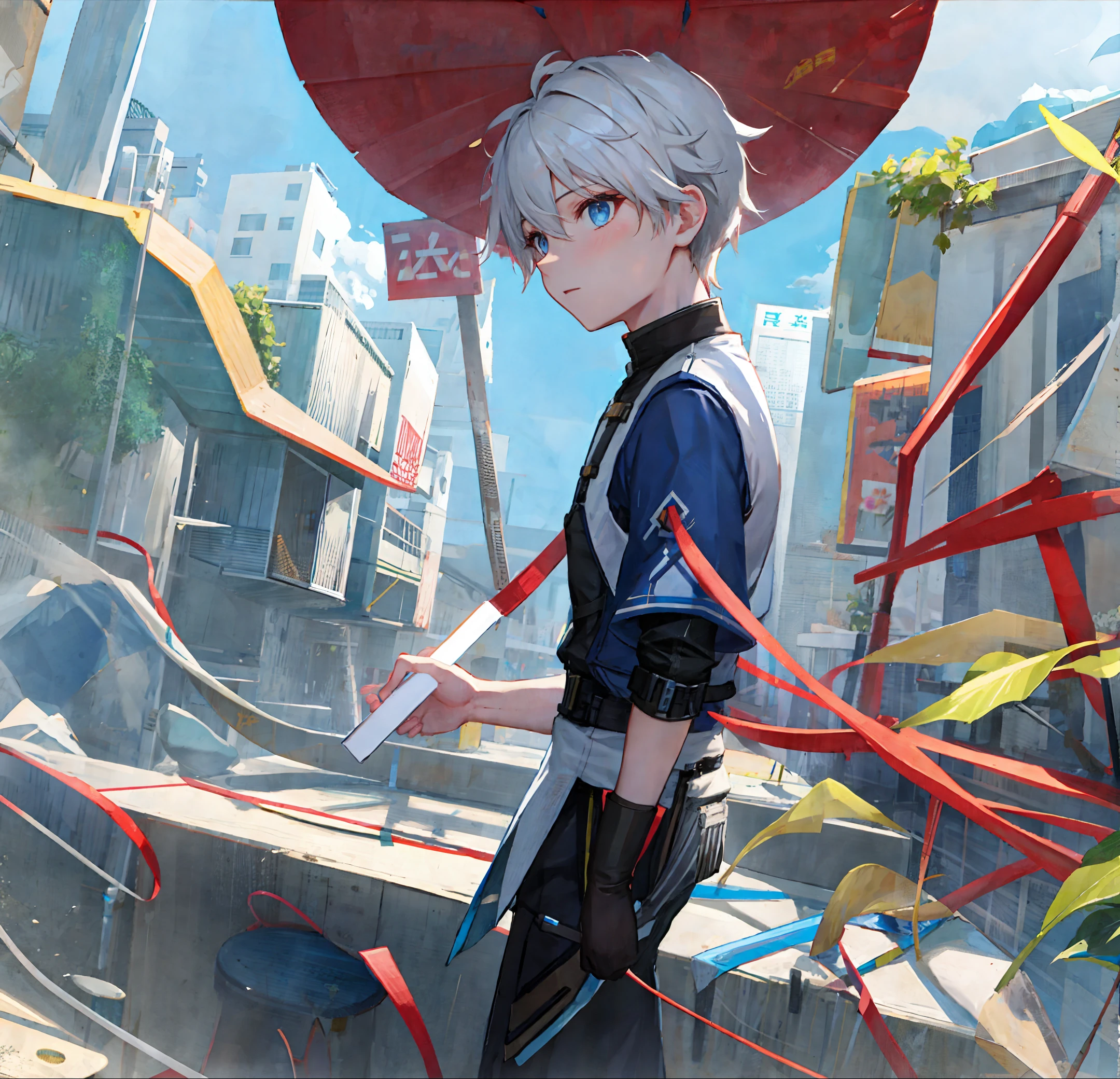 1boy, bangs, blue_eyes, cloud, hair_between_eyes, "xiu" pattern clothes,round neck short sleeves, wave back, looking_at_viewer, Raise one's hand,male_focus, short_hair, solo, upper_body, white_hair