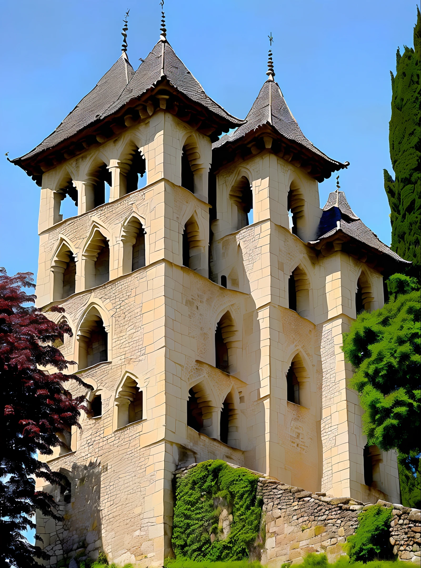 Medieval castle with a tiled roof and high columns in the Gothic style. Gargoyle statues.