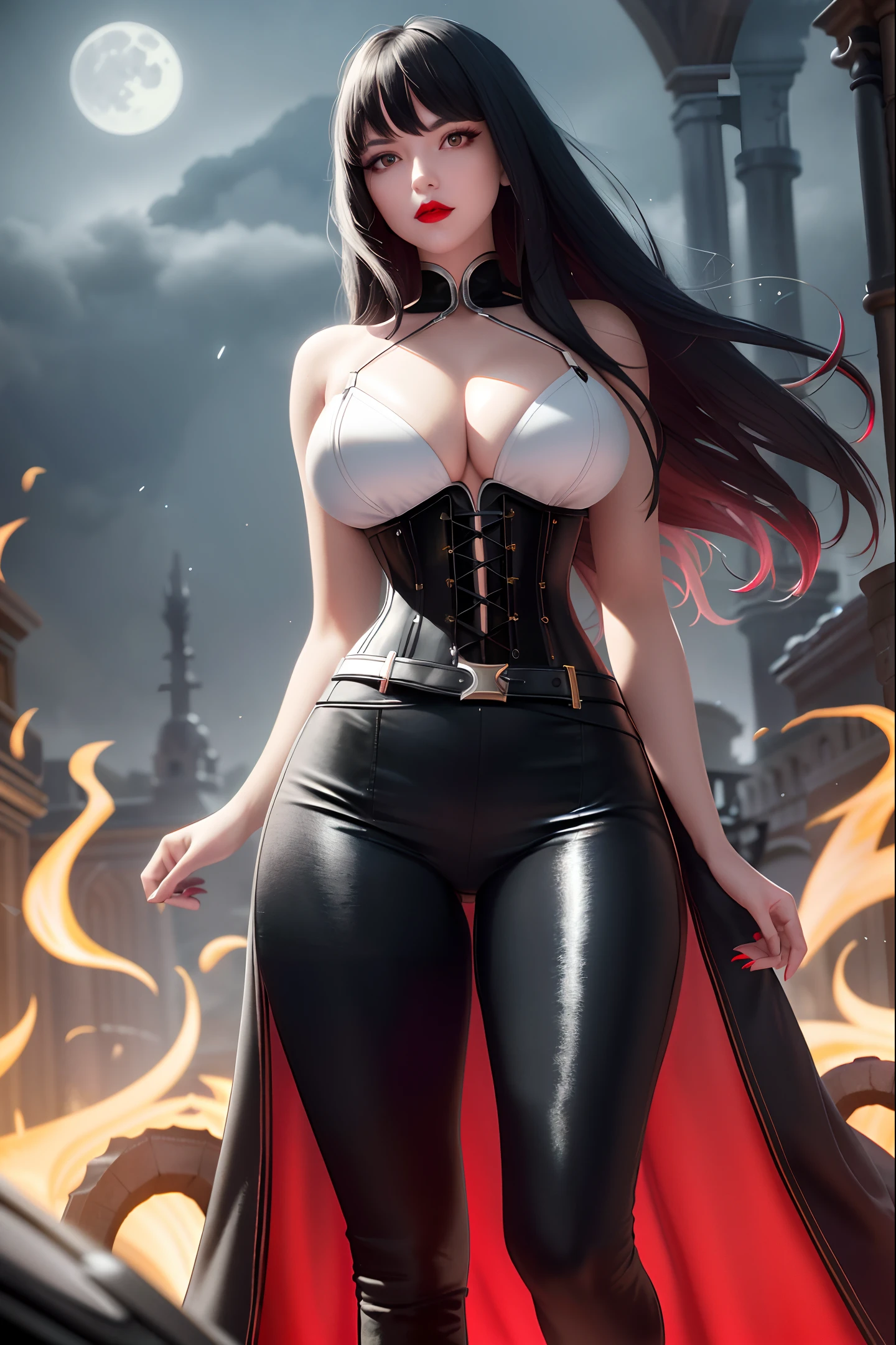  (8k, best quality, masterpiece:1.2), (best quality:1.0), (ultra highres:1.0), model shoot style, (extremely detailed CG unity 8k wallpaper), full shot body photo of girl (white skin), Intricate armor, red lipstick, Sharp focus, high-quality digital art, wavy long hair, black hair, bangs, straight bangs, windblown hair, glowing red eyes, red eyes, red lips, picture-perfect face, flawless, clean, masterpiece, (((sharp))) ((focus)) (instagram) (8k) masterpiece, beautiful outfit, corset belt, black pants, delicate tracing, gold accents, digital painting, night, dark sky, aurora, highly detailed light, cinematic light, battle ready-stance, high-quality, a digital painting masterpiece, best quality, absurdly high resolution, flames, ruins, swirling magic, detailed background, castle, gothic vibe, moon in the sky, shiny reflection, intricate details, glow, shiny hair, long black hair, lustrous skin, smooth, vampire aesthetic