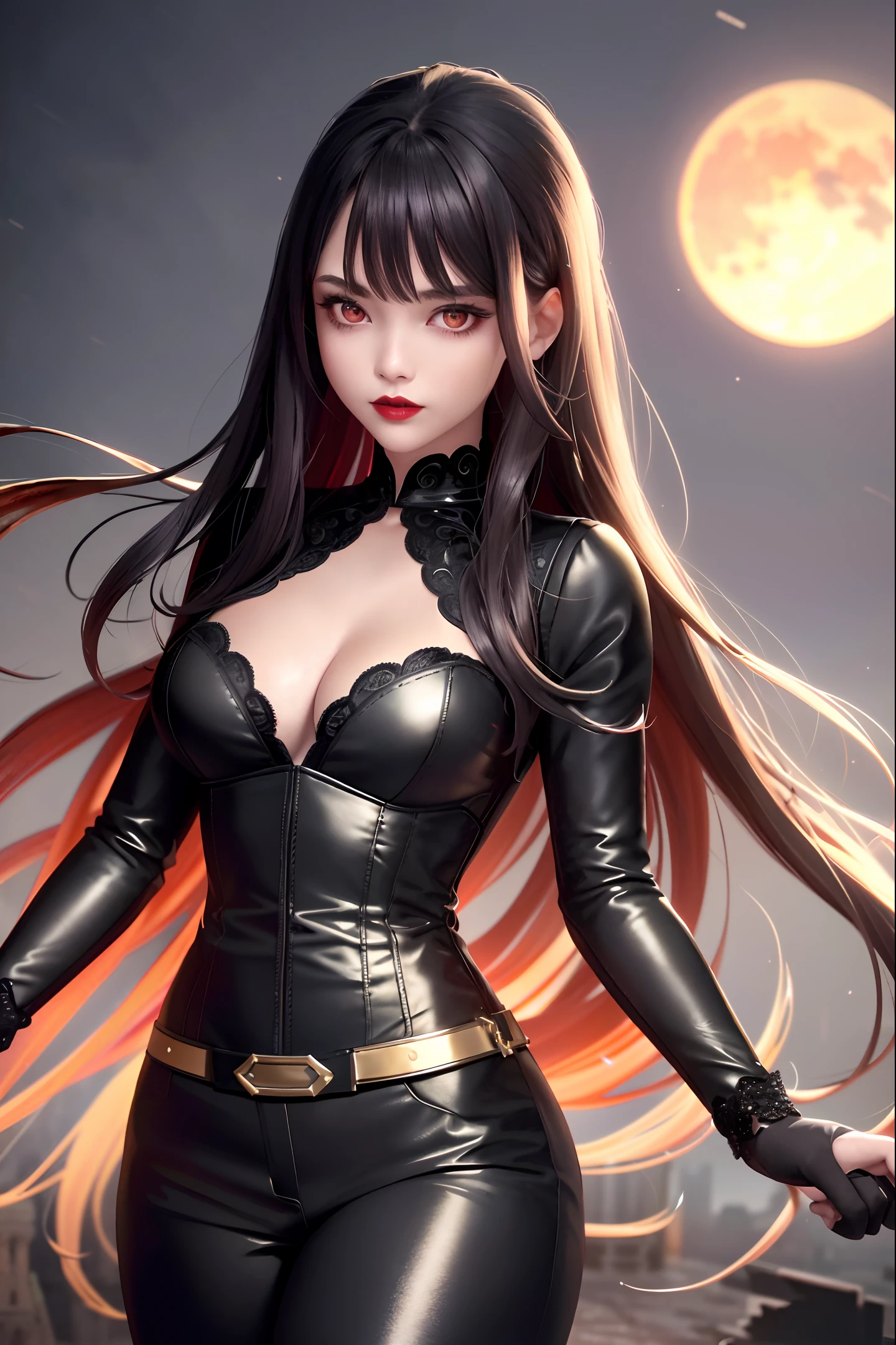 (8k, best quality, masterpiece:1.2), (best quality:1.0), (ultra highres:1.0), model shoot style, (extremely detailed CG unity 8k wallpaper), full shot body photo of girl (white skin), red lipstick, Sharp focus, high-quality digital art, wavy long hair, black hair, bangs, straight bangs, windblown hair, glowing red eyes, red eyes, red lips, picture-perfect face, flawless, clean, masterpiece, (((sharp))) ((focus)) (instagram) (8k) masterpiece, beautiful outfit, corset belt, black pants, delicate tracing, royal military coat, intricate pattern details, gold accents, digital painting, night, dark sky, aurora, highly detailed light, cinematic light, battle ready-stance, high-quality, a digital painting masterpiece, best quality, absurdly high resolution, flames, ruins, swirling magic, detailed background, castle, gothic vibe, moon in the sky, shiny reflection, intricate details, glow, shiny hair, long black hair, lustrous skin, smooth, vampire aesthetic