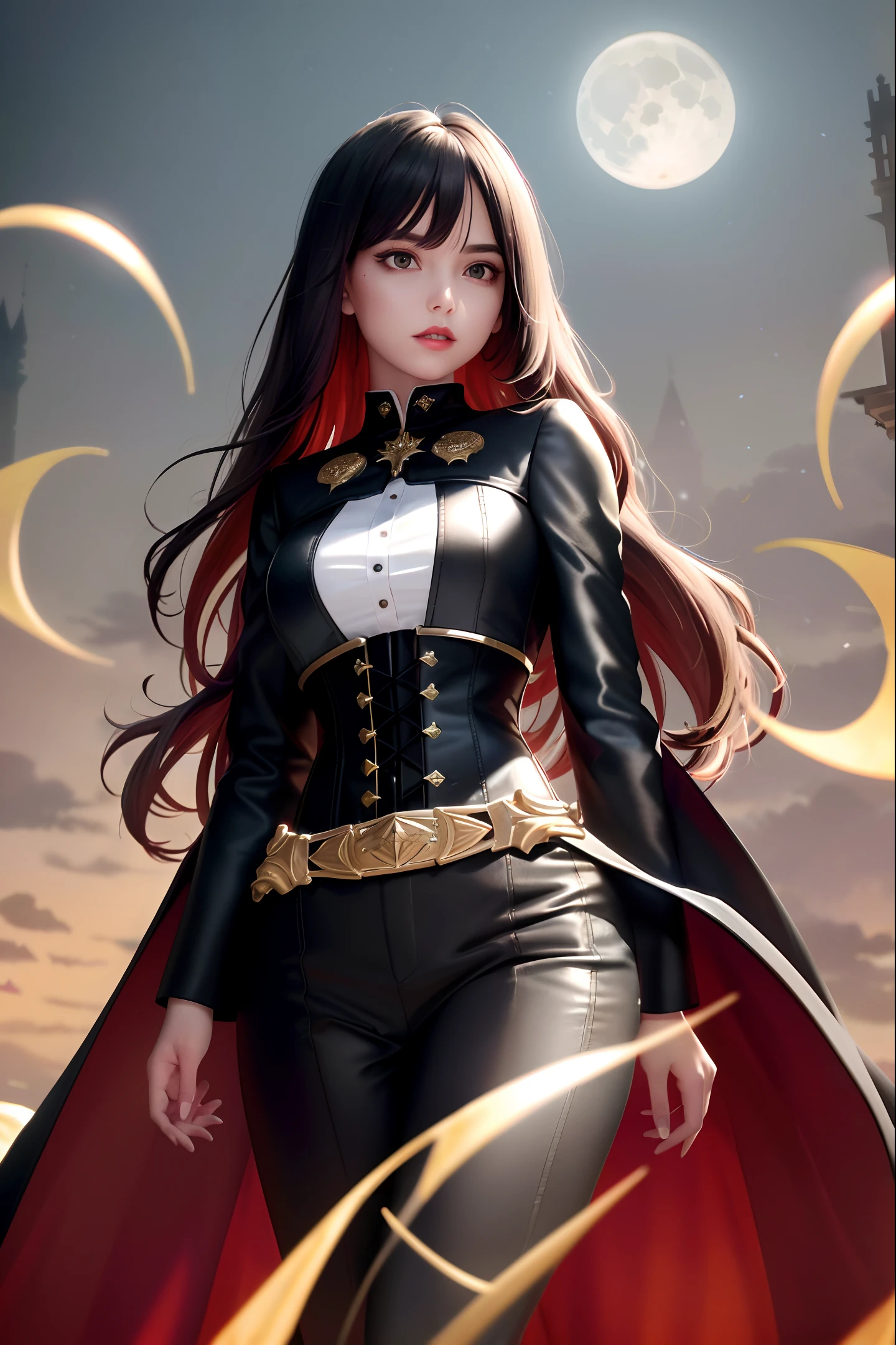  (8k, best quality, masterpiece:1.2), (best quality:1.0), (ultra highres:1.0), model shoot style, (extremely detailed CG unity 8k wallpaper), full shot body photo of girl (white skin), red lipstick, Sharp focus, high-quality digital art, wavy long hair, black hair, bangs, straight bangs, windblown hair, glowing red eyes, red eyes, red lips, picture-perfect face, flawless, clean, masterpiece, (((sharp))) ((focus)) (instagram) (8k) masterpiece, beautiful outfit, corset belt, black pants, delicate tracing, royal military coat, intricate pattern details,  gold accents, digital painting, night, dark sky, aurora, highly detailed light, cinematic light, battle ready-stance, high-quality, a digital painting masterpiece, best quality, absurdly high resolution, flames, ruins, swirling magic, detailed background, castle, gothic vibe, moon in the sky, shiny reflection, intricate details, glow, shiny hair, long black hair, lustrous skin, smooth, vampire aesthetic