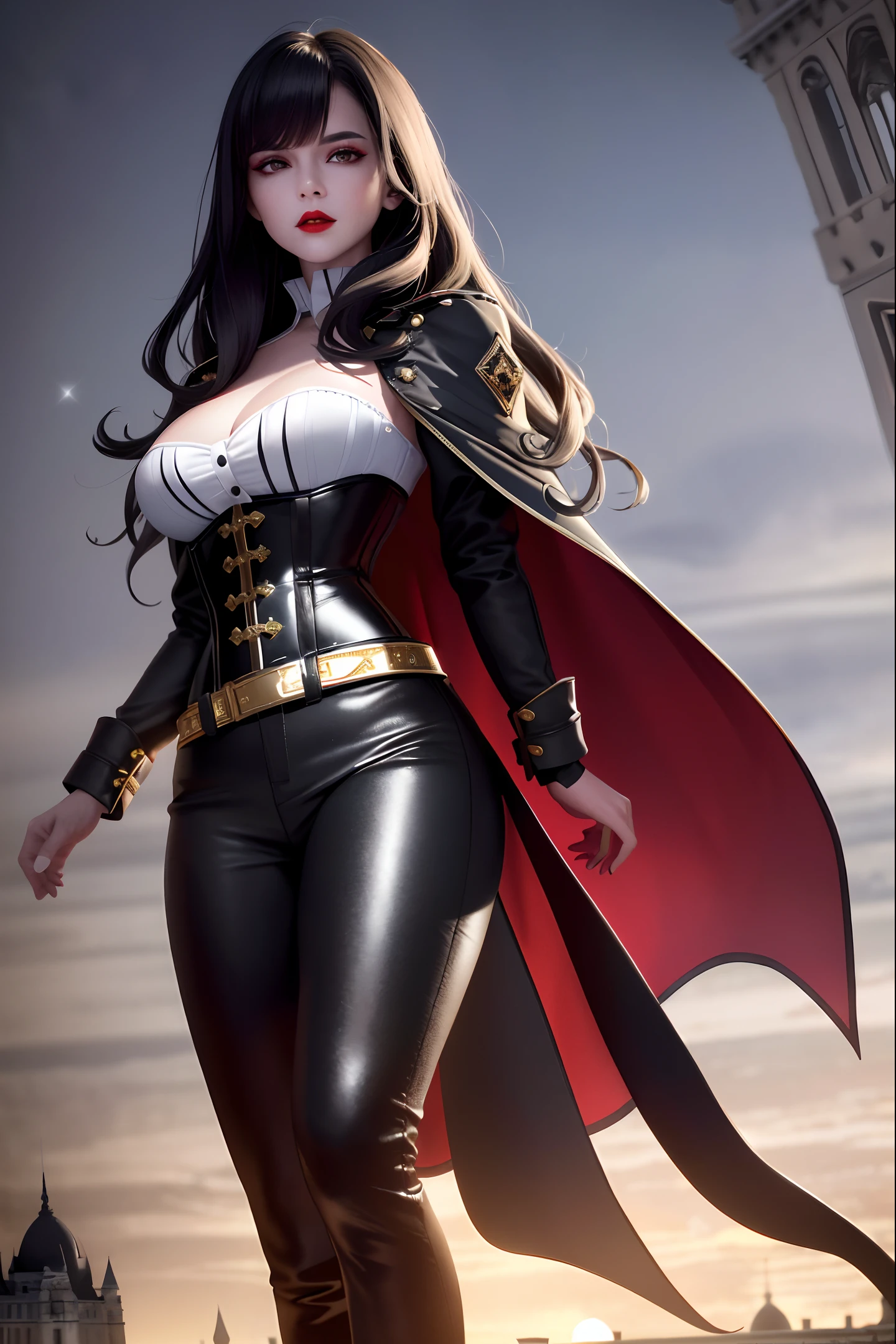 (8k, best quality, masterpiece:1.2), (best quality:1.0), (ultra highres:1.0), model shoot style, (extremely detailed CG unity 8k wallpaper), full shot body photo of girl (white skin), red lipstick, battle-stance, Sharp focus, high-quality digital art, wavy long hair, black hair, bangs, straight bangs, windblown hair, glowing red eyes, red eyes, red lips, picture-perfect face, flawless, clean, masterpiece, (((sharp))) ((focus)) (instagram) (8k) masterpiece, beautiful outfit, corset belt, black pants, delicate tracing, royal military coat, intricate pattern details, gold accents, digital painting, night, dark sky, aurora, highly detailed light, cinematic light, battle ready-stance, high-quality, a digital painting masterpiece, best quality, absurdly high resolution, flames, ruins, swirling magic, detailed background, castle, gothic vibe, moon in the sky, shiny reflection, intricate details, glow, shiny hair, long black hair, lustrous skin, smooth, vampire aesthetic