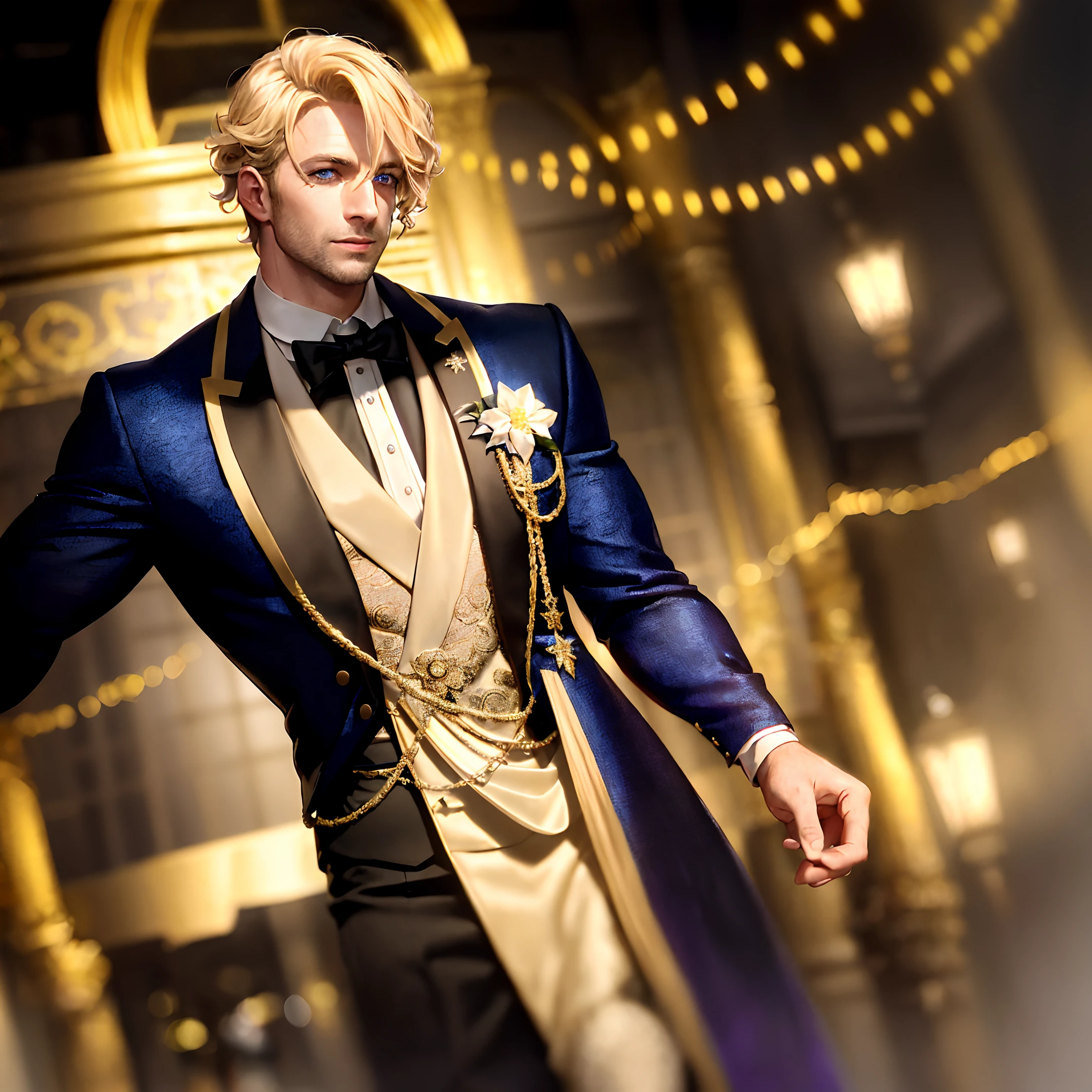 dim light, muscular 35-year old male, blue eyes, loose long blonde curly hair, wearing black silk suit with gold details, wearing black, white and gold mardi gras  mask, outdoors, new orleans bourbon street, 8k, Unreal engine, highly detailed, octane render, photorealistic,
