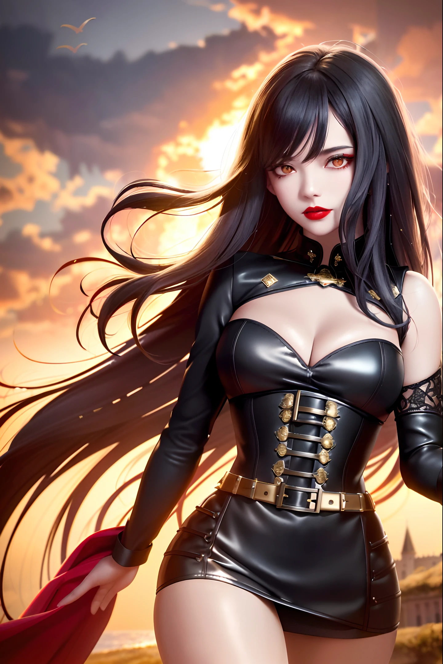 (8k, best quality, masterpiece:1.2), (best quality:1.0), (ultra highres:1.0), model shoot style, (extremely detailed CG unity 8k wallpaper), full shot body photo of girl (white skin), red lipstick, battle-stance, Sharp focus, high-quality digital art, wavy long hair, black hair, bangs, straight bangs, windblown hair, glowing red eyes, red eyes, red lips, picture-perfect face, flawless, clean, masterpiece, (((sharp))) ((focus)) (instagram) (8k) masterpiece, beautiful outfit, corset belt, black pants, delicate tracing, royal military coat, intricate pattern details, gold accents, digital painting, night, blue sky, daylight, highly detailed light, cinematic light, battle ready-stance, high-quality, a digital painting masterpiece, best quality, absurdly high resolution, flames, ruins, swirling magic, detailed background, castle, gothic vibe, sun in the sky, shiny reflection, intricate details, glow, shiny hair, long black hair, lustrous skin, smooth, vampire aesthetic