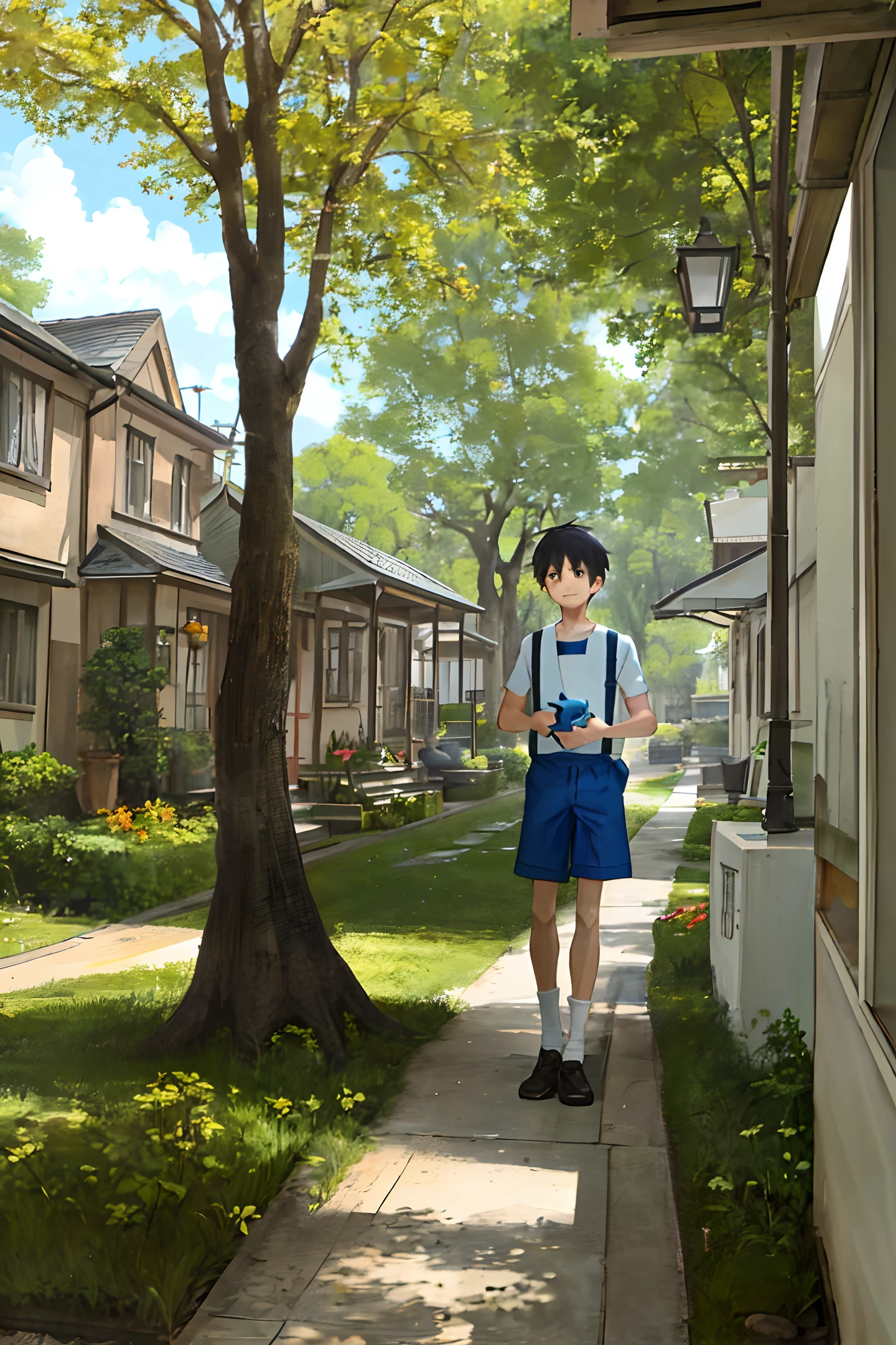 A young boy walking a duck down the street.