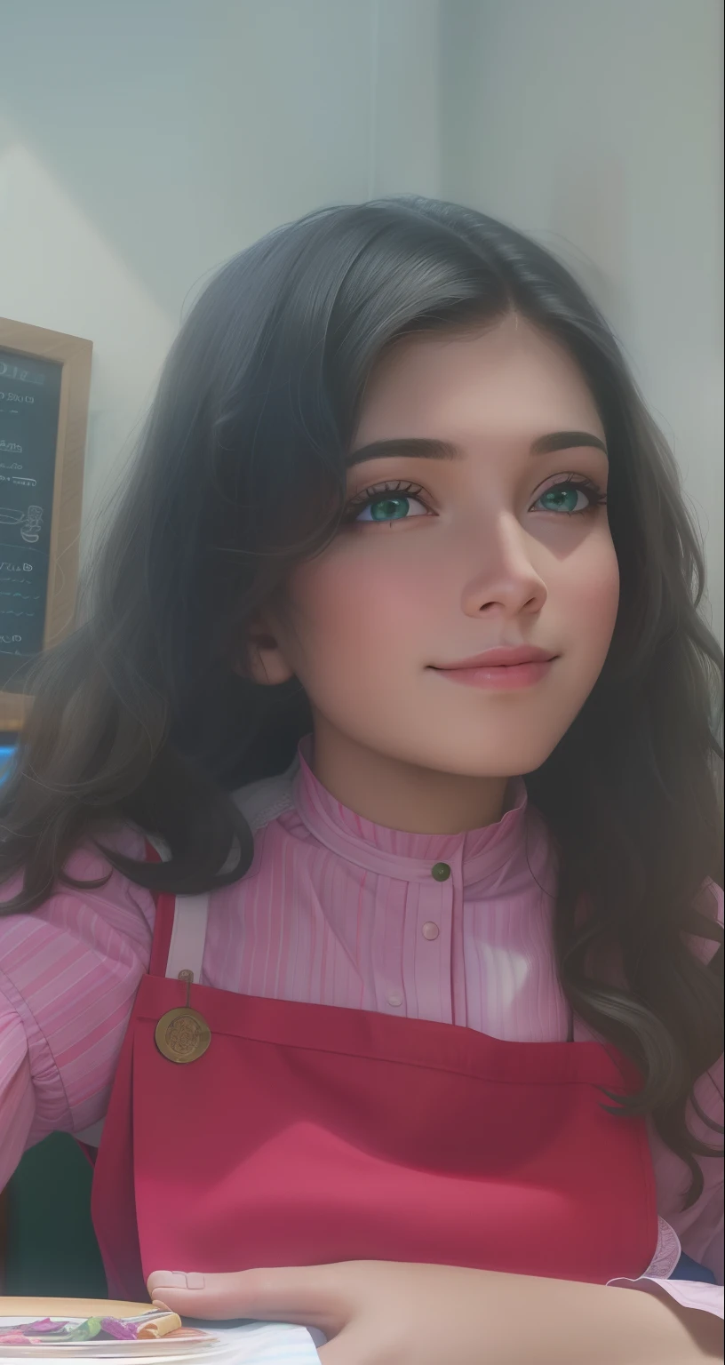 woman showing her beautiful feet, soles soles, 1 girl, waitress costume, colorful, at a tavern table, green eyes