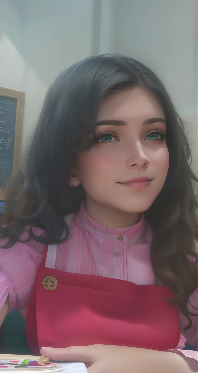 woman showing her beautiful feet, soles soles, 1 girl, waitress costume, colorful, at a tavern table, green eyes