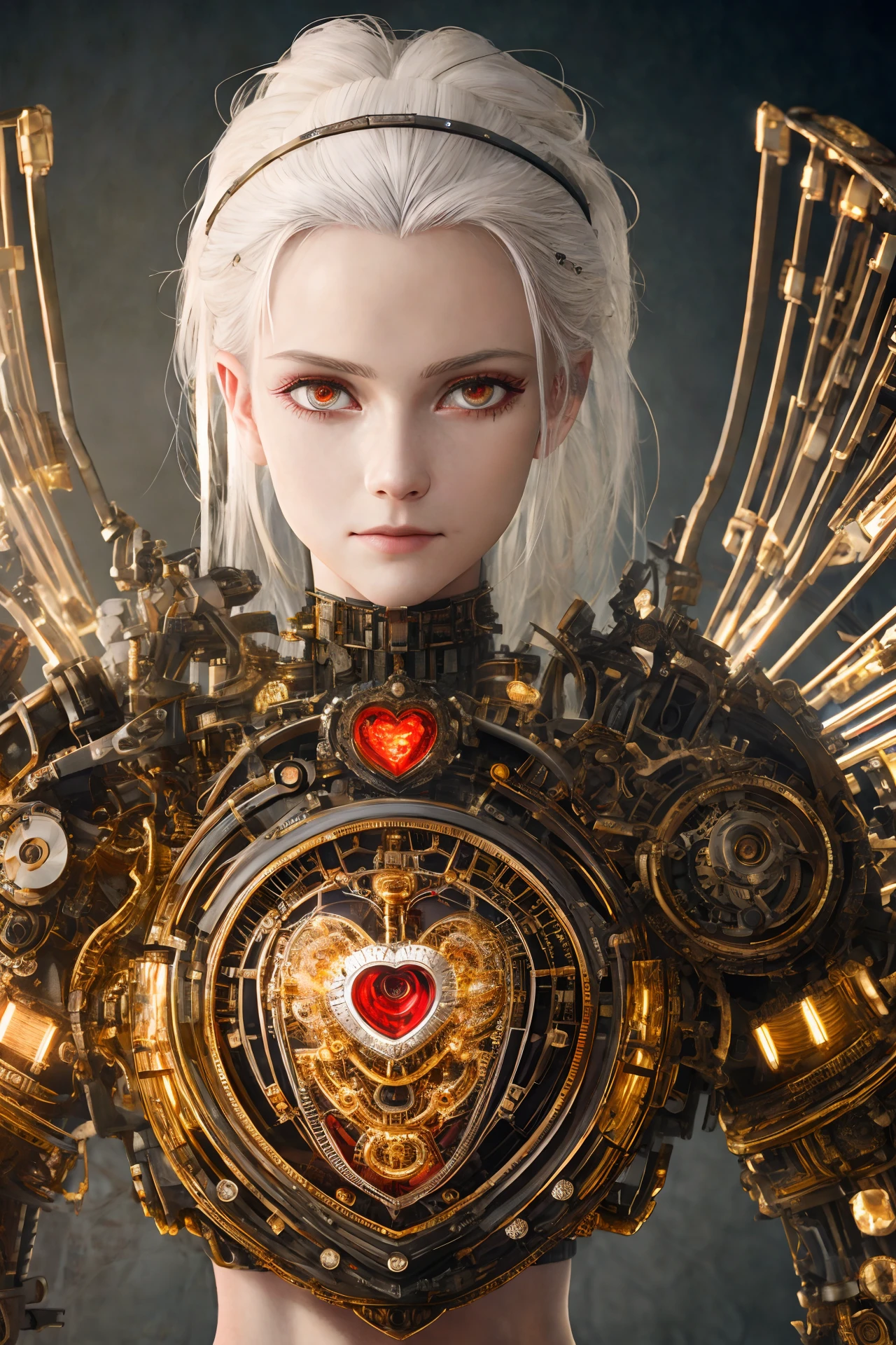 masterpiece, best quality, intricate detail, absurdres, (dissection:1.3) of a (damaged:1.2) (machine:1.1) with white hair and beautiful detailed red eyes, she has a (mechanical (heart:1.1):1.1) and a (clean face:1.2), with exposed wires and tubes, suffering light damage, natural light, light tracing, intricate circuitry, illustration, 8k wallpaper, super detailed, full body portrait,, chromatic aberration, depth of field, professional photography, soft lighting, tone mapped, highly detailed, sharp focus, dramatic lighting, intricate details, cinematic, 8K, incredible shadows, realistic, (highly detailed background:1.0)