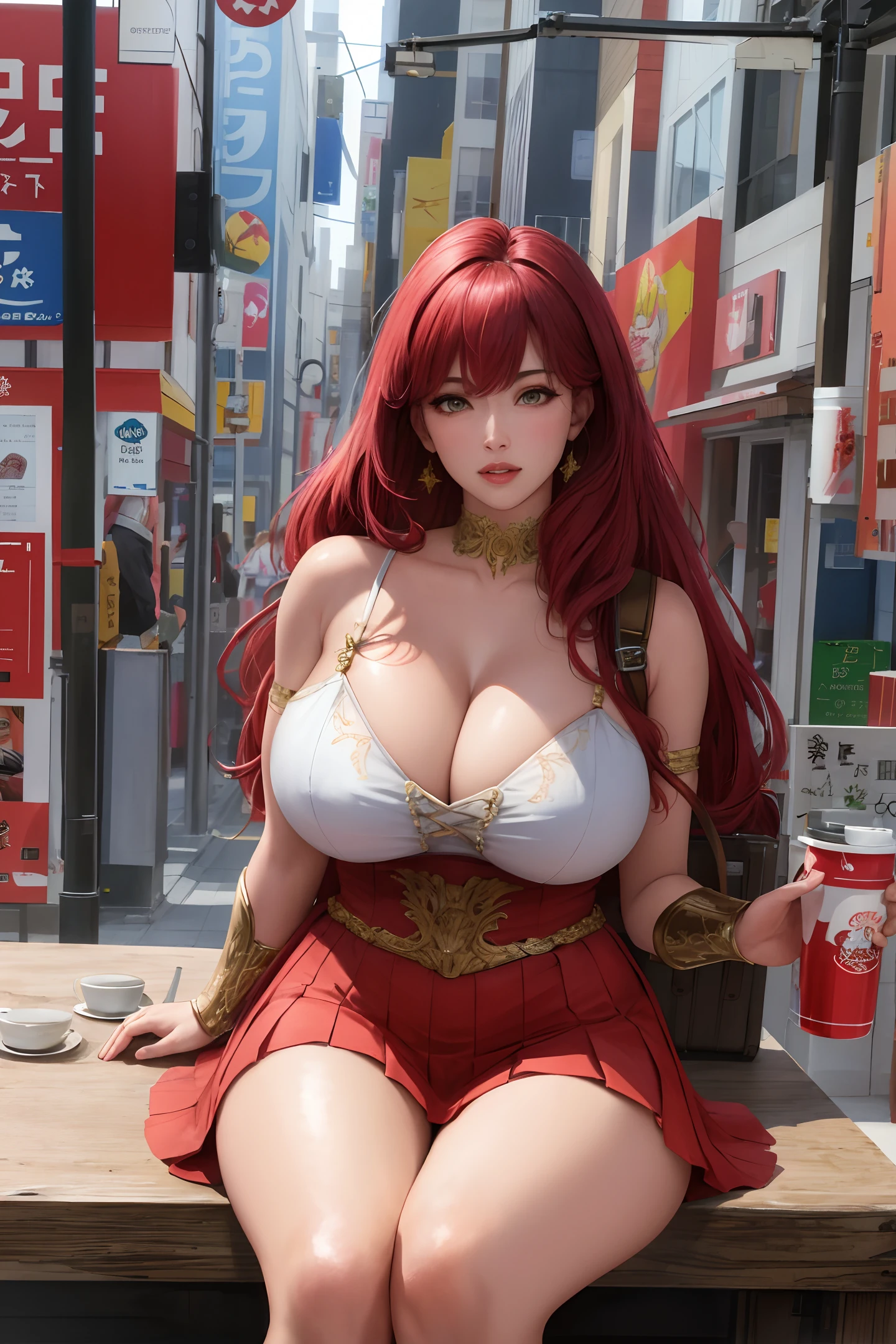 (masterpiece:1.2, best quality), realistic, (real picture, intricate details, depth of field), (1girl, solo), make up, parted lips, highly-detailed, perfect face,
(huge breasts:1.4), (skindentation), thick thighs, wide hips, small waist, tall, glossy coral lips,
red hairs, red eyes, wonder woman outfit, Akihabara street, sitting at a cafe, suitcase