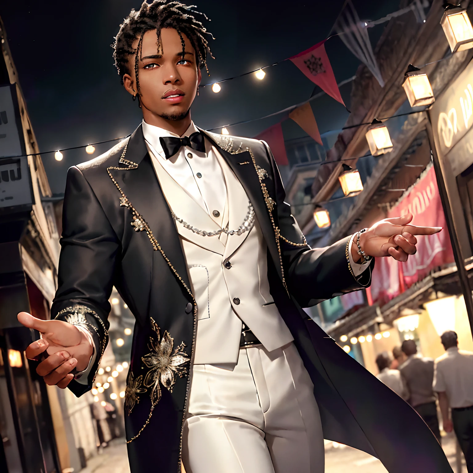 Outdoors, black male, wearing white silk jacket with magnolia embroidery, wearing white dress pants, blue eyes, glowing eyes, short braided black hair with ivory and ebony beads, grey skin, New Orleans bourbon street, night, 8k, Unreal engine, highly detailed, photorealistic
