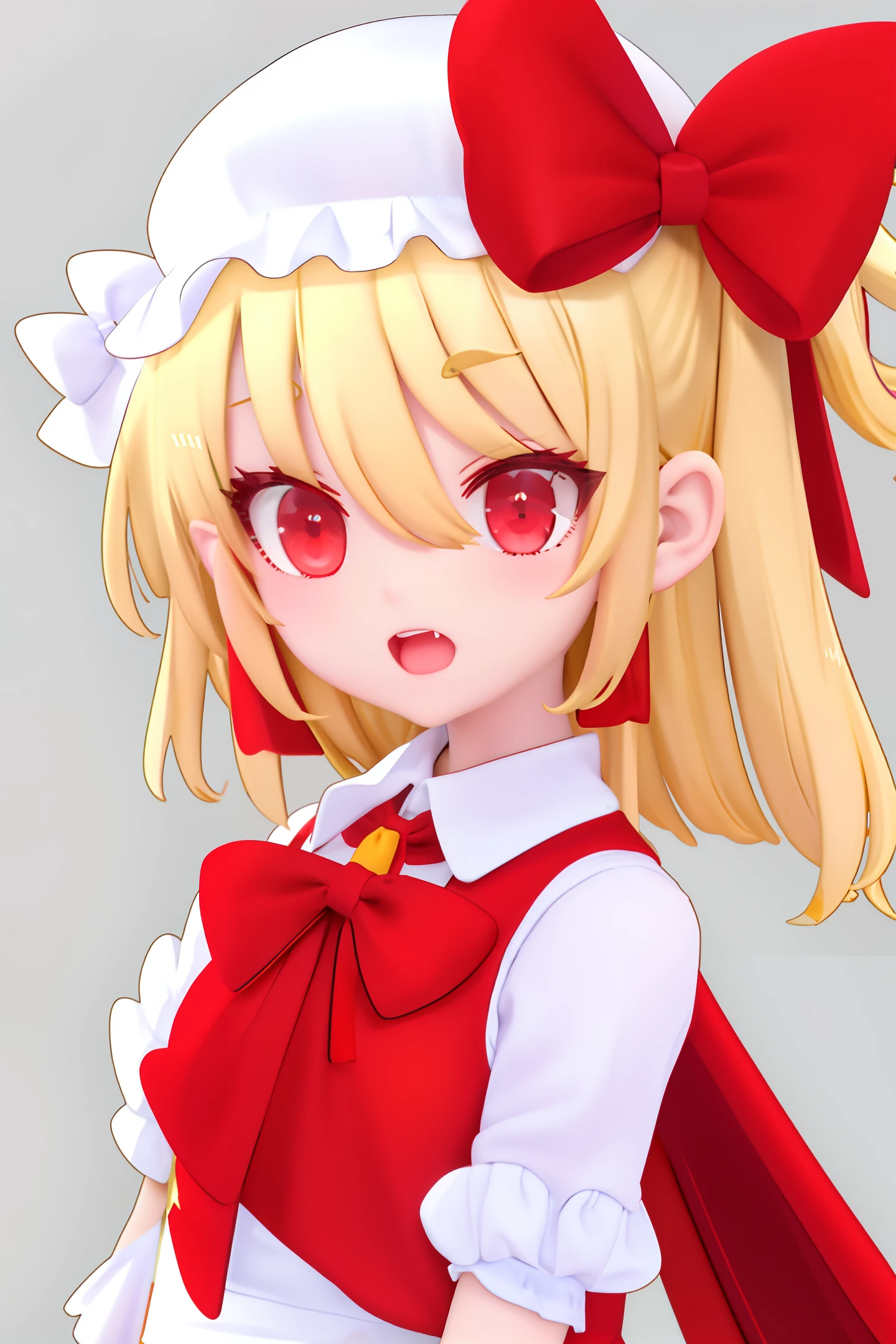 skistyle, 1girl, flandre scarlet, blonde hair, hat, mob cap, red vest, wings, yellow ascot, vest, red eyes, ascot, solo, short sleeves, puffy short sleeves, shirt, puffy sleeves, fang, white shirt, crystal, one side up, white background, simple background, upper body, collared shirt, frills, medium hair, pointy ears, white headwear, open mouth, frilled shirt collar, ribbon, frilled sleeves, hat ribbon, red ribbon, bow, red bow, half body