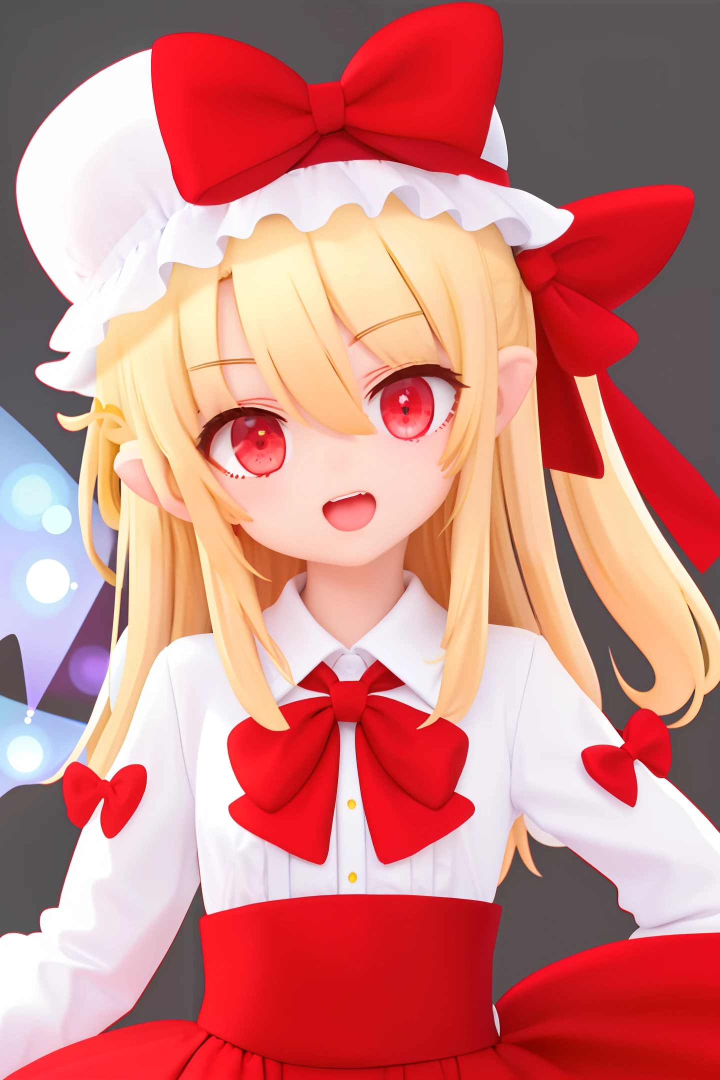 skistyle, 1girl, flandre scarlet, blonde hair, hat, mob cap, red vest, wings, yellow ascot, vest, red eyes, ascot, solo, short sleeves, puffy short sleeves, shirt, puffy sleeves, fang, white shirt, crystal, one side up, white background, simple background, upper body, collared shirt, frills, medium hair, pointy ears, white headwear, open mouth, frilled shirt collar, ribbon, frilled sleeves, hat ribbon, red ribbon, bow, red bow, half body