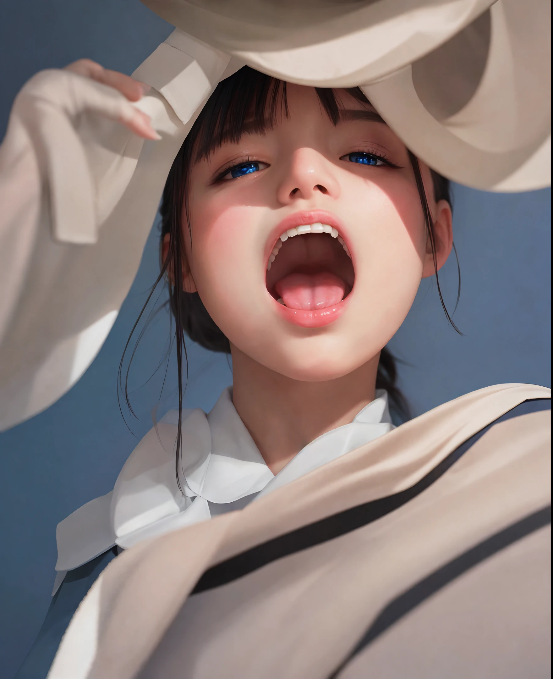 (masterpiece), (best quality), solo girl, (throat), (saliva), ((breath)), (uvula), (totally open mouth), closeup,
blue eye, black hair,