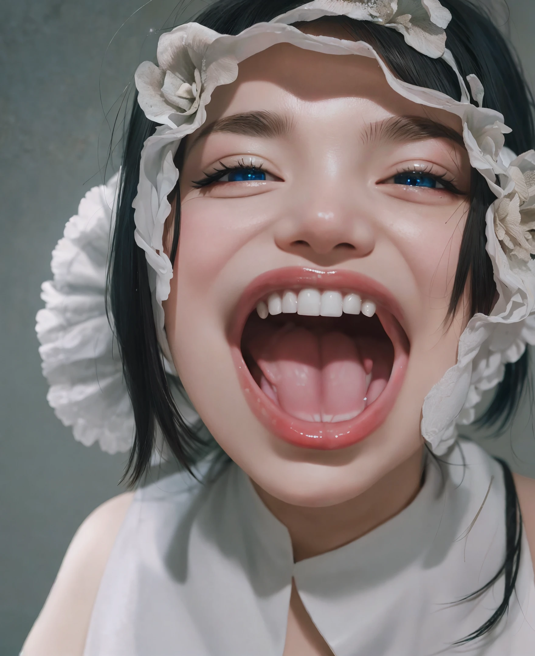 (masterpiece), (best quality), solo girl, (throat), (saliva), ((breath)), (uvula), (totally open mouth), closeup,
blue eye, black hair,