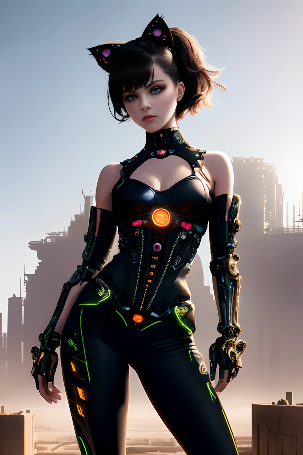 A cinematic ultra-realistic scene of a cute young cyborg kitten female, full body standing in a cyberpunk barren place with stunning cloudscape, in a balanced composition using the rule of thirds, soft natural light with dramatic shades and gorgeous tetradic colors,
Wearing a futuristic bright orange jacket and dark indigo low cut jeans on top of her insanely intricate anatomically adapted graphite biomechanical arms and biomechanical legs. Biomechanical porcelain kitten ears,
Insanely detailed, elegant and ornate graphite body with tiny ornate ruby gems details,
Slender hot fit sarcoline skin female with a gorgeous very young round face, expressive big round eyes, lovely full lips, cute small round nose, kitten ears, [dark:red:0.70] short medium bob cut messy hair, empty hands, vibrant colorful makeup,
Scene captured with bright soft natural dramatic light, soft shadows and beautiful bright colors,
8k resolution image with insanely intricately detailed cyberpunk art style, 
Masterpiece scene with a heroic mood and the main presence of a fierce, arrogant, powerful female, her body in a fluid dynamic movement, 
Complete scene of the female full body,