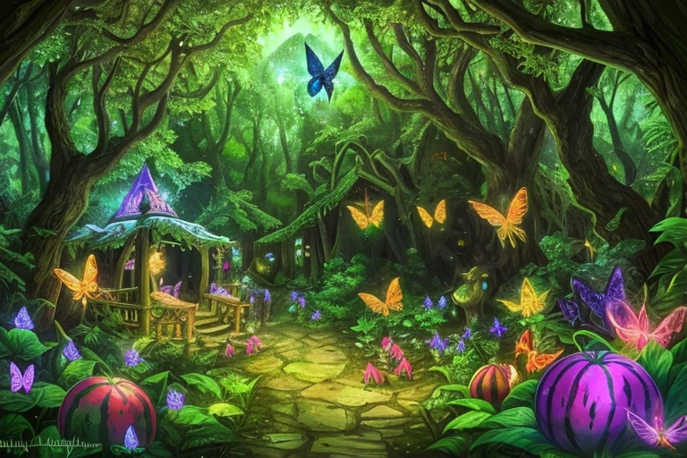 enchanted mystical village in a forest,Colorful watermelon ，butterfly， well lit, colorful, melons, lots of watermelons