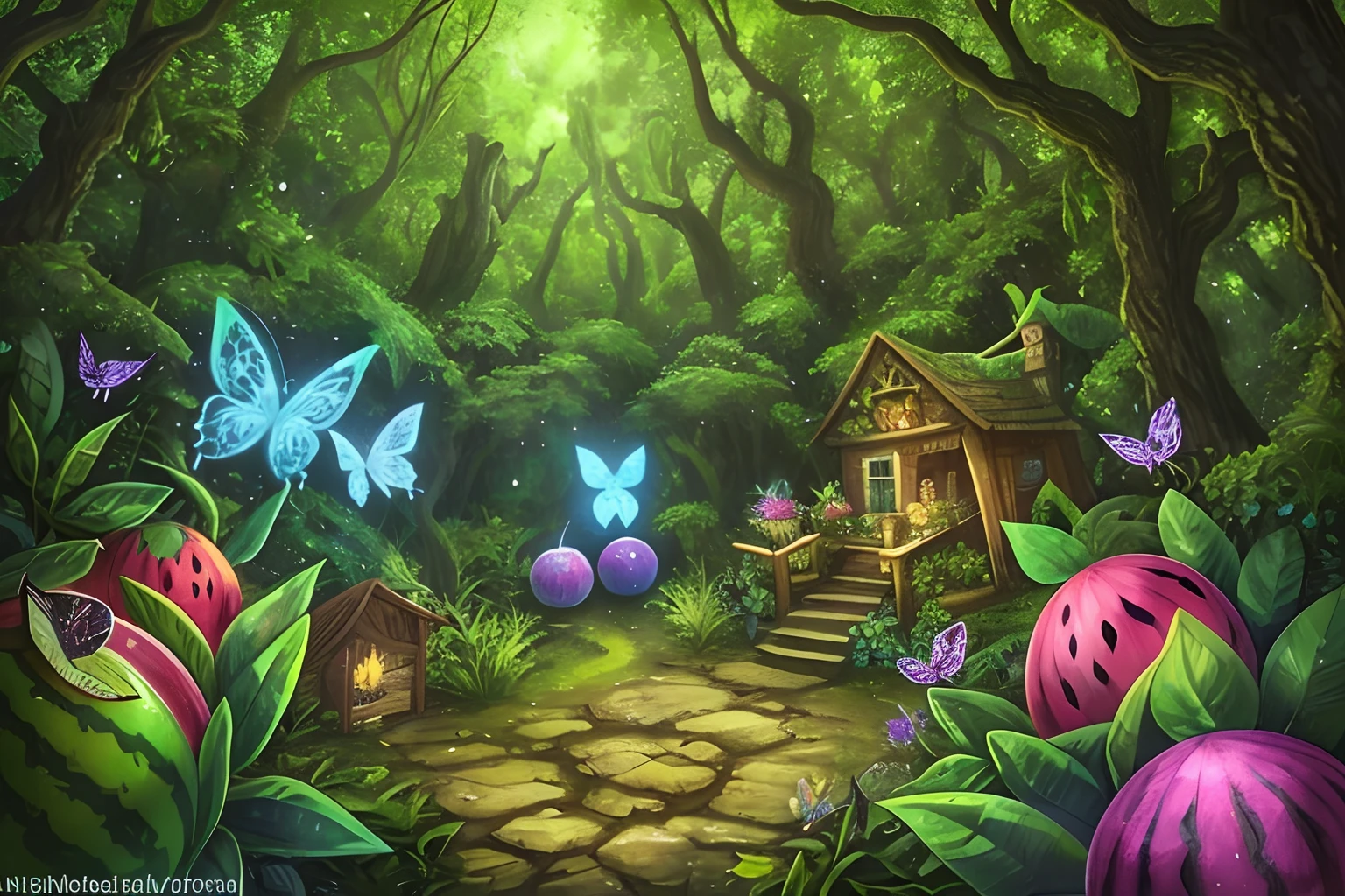 enchanted mystical village in a forest,Colorful watermelon ，butterfly， well lit, colorful, melons, lots of watermelons