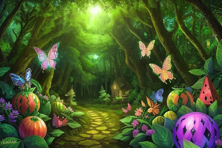 enchanted mystical village in a forest,Colorful watermelon ，butterfly， well lit, colorful, melons, lots of watermelons