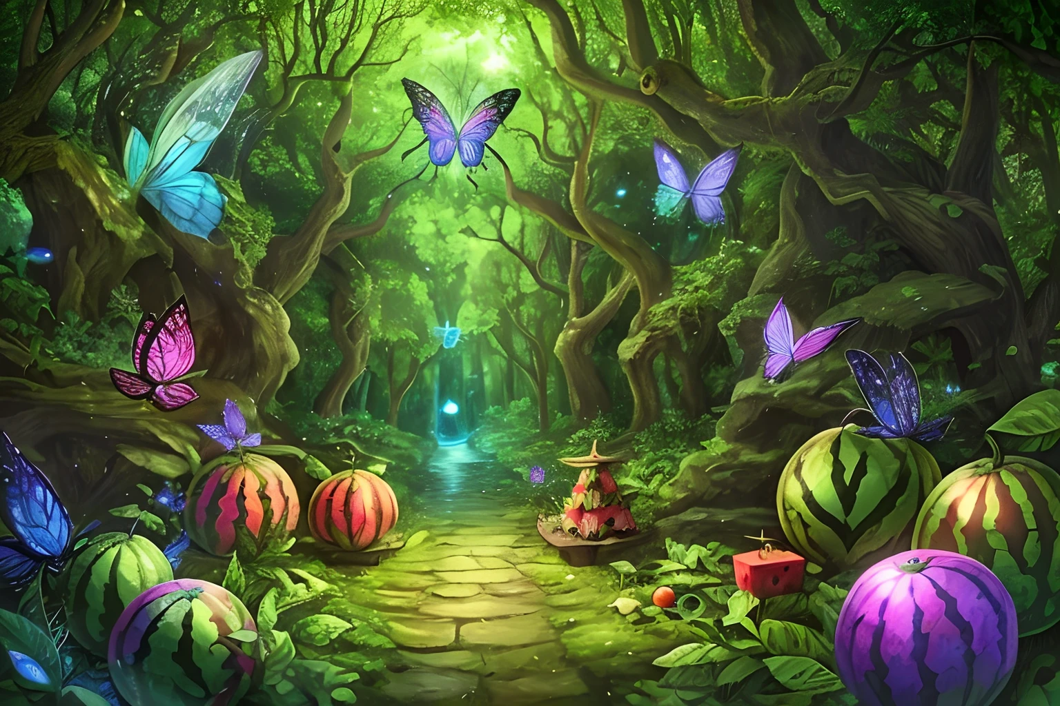 enchanted mystical village in a forest,Colorful watermelon ，butterfly， well lit, colorful, melons, lots of watermelons