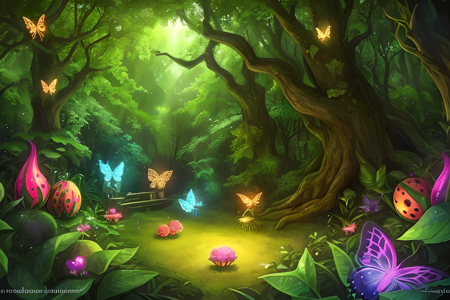 enchanted mystical village in a forest,Colorful watermelon ，butterfly， well lit, colorful, melons, lots of watermelons