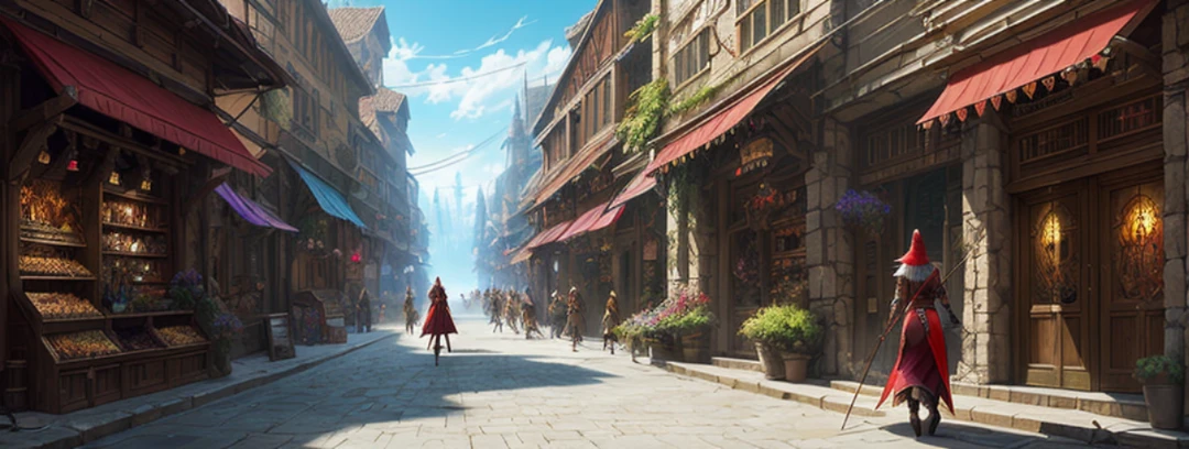 An elven woman carrying a bow and arrow traverses through a marketplace, inspired by the concept art of award-winning artist GhostBlade. This concept art combines digital painting, Craig-style art, urban concept art, and rich environmental art, all reminiscent of the backstory of Dungeons and Dragons, the work of GhostBlade, looking at the camera, anime style, a close-up of the back view.