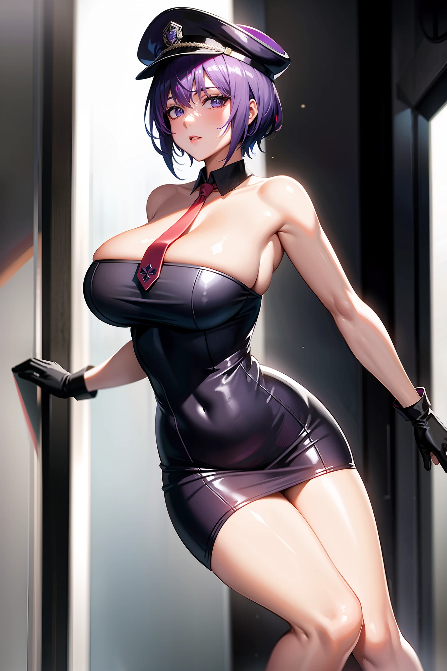 Purple short hair, plump youthful face, black police cap, red tie, purple tight low-cut dress, purple long gloves, black leather boots, strapless thighs, ???????????, blue eyes, anime style, stone prison.