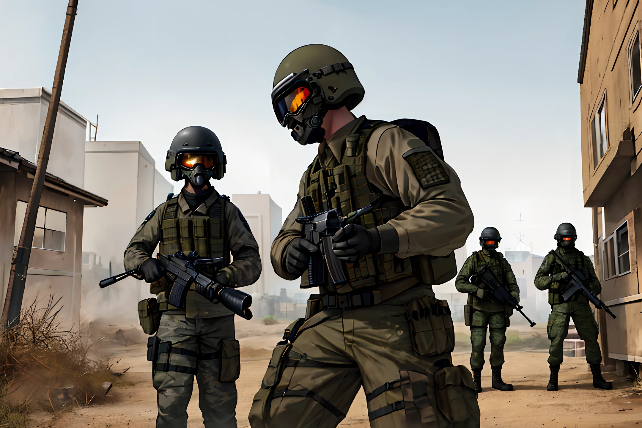 a group of individuals dressed in military-style clothing and gear, holding realistic-looking airsoft guns or paintball markers, positioned in a simulated combat scenario, such as an urban environment 