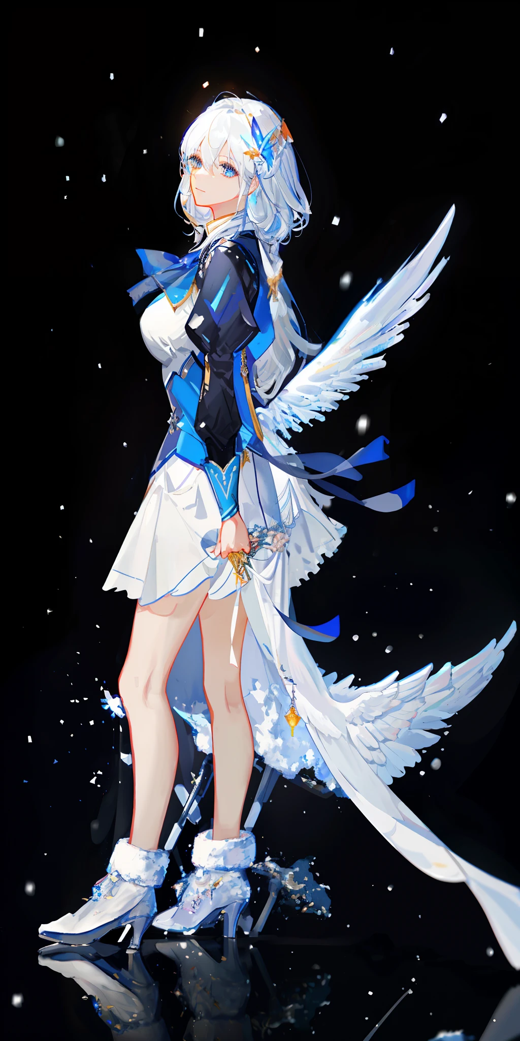 realistic, photo shoot ,(valkyrie,paladin:0.6)beautiful design, shiny,((masterpiece, best quality)),big breast,, slim body,angel wings,complex,,korean(high quality background is snow forest),snow falling ,(high details) ,cinematic lighting 