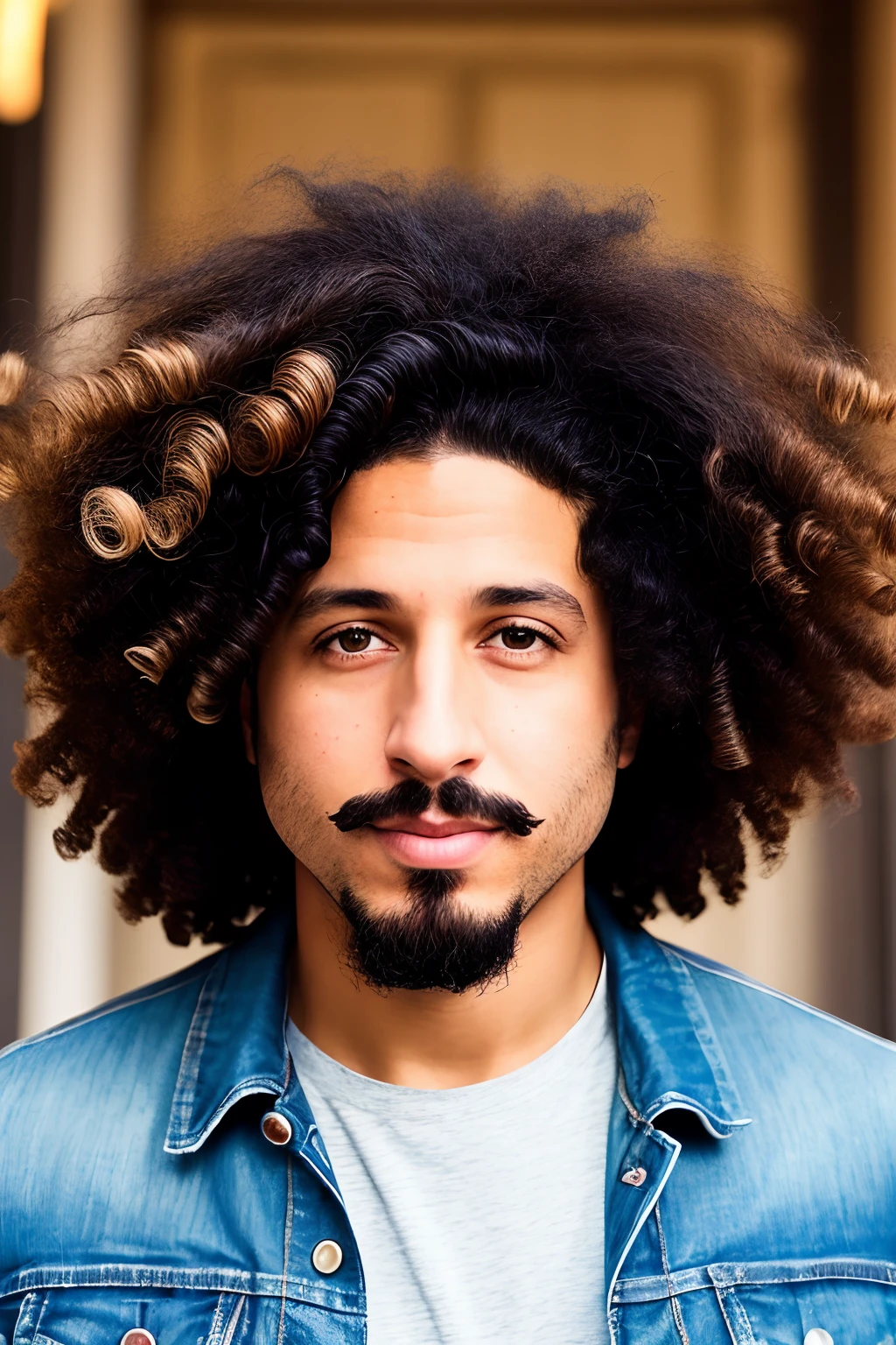 1. there is a man with a beard and a mustache with a hat on, zack de la rocha, curly afro, with afro, a black man with long curly hair, saadane afif, curls on top of his head, black curly beard, east african man with curly hair, with long curly hair, curly haired, with haunted eyes and curly hair.