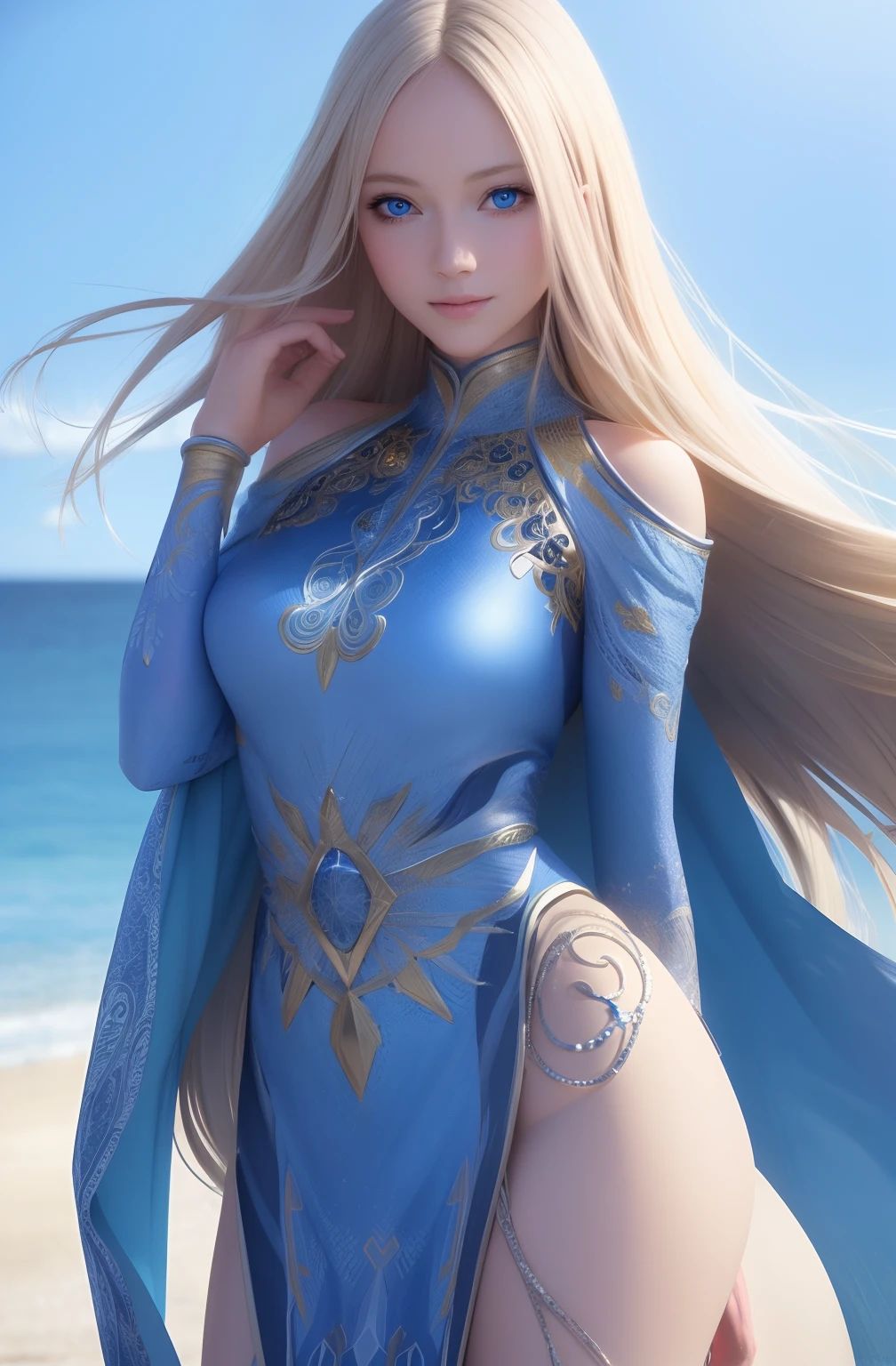 Pretty Female, Windblow blonde hair, glowing blue eyes, realistic, masterpiece, high detailed, 4K, beach background, high detailed light, little smile, white skin