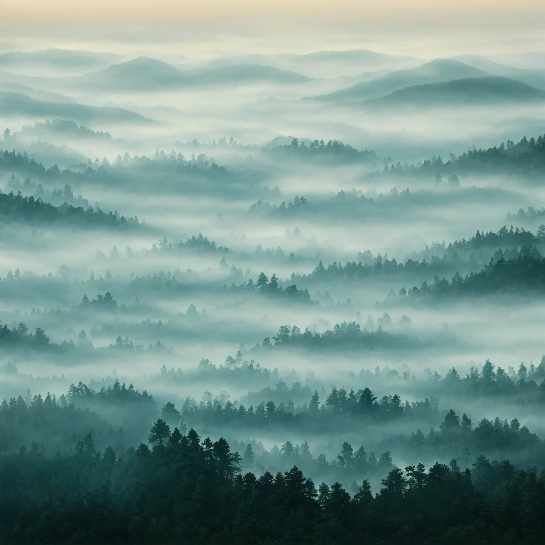 "An ultra-detailed and delicate masterpiece depicting a captivating scene of the pine forest shrouded in mist and gloom, with a soft and tranquil atmosphere of early morning twilight without the sun."