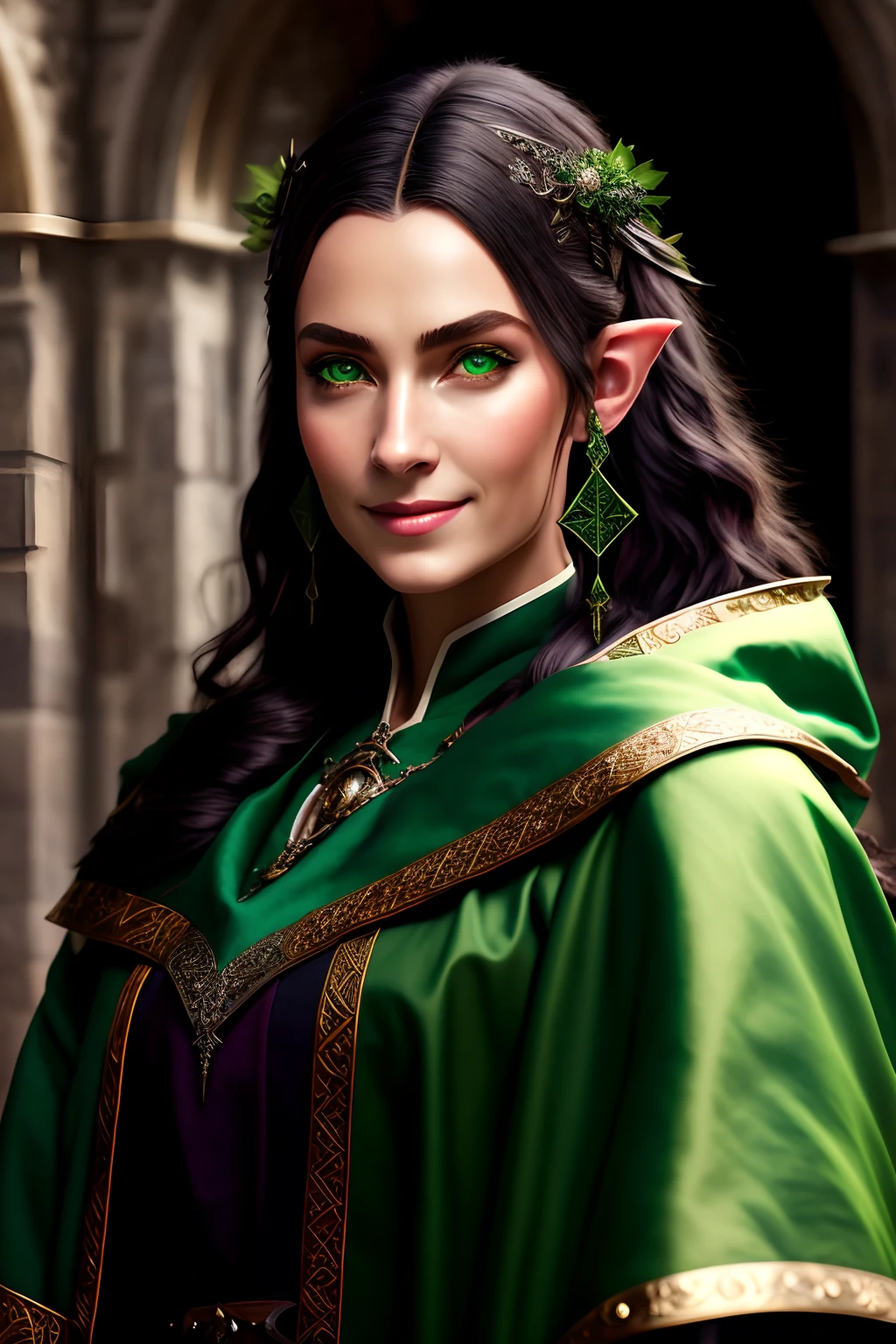 modelshoot style, (very detailed CG unity 8k wallpaper), body photos of the most beautiful artwork in the world, medieval armor, realism, masterpiece, medieval oil painting style, dungeons and dragons, young elves, women, scholars, magic Master, mysterious, evil smile, simple cloth robe, green eyes, pointy ears