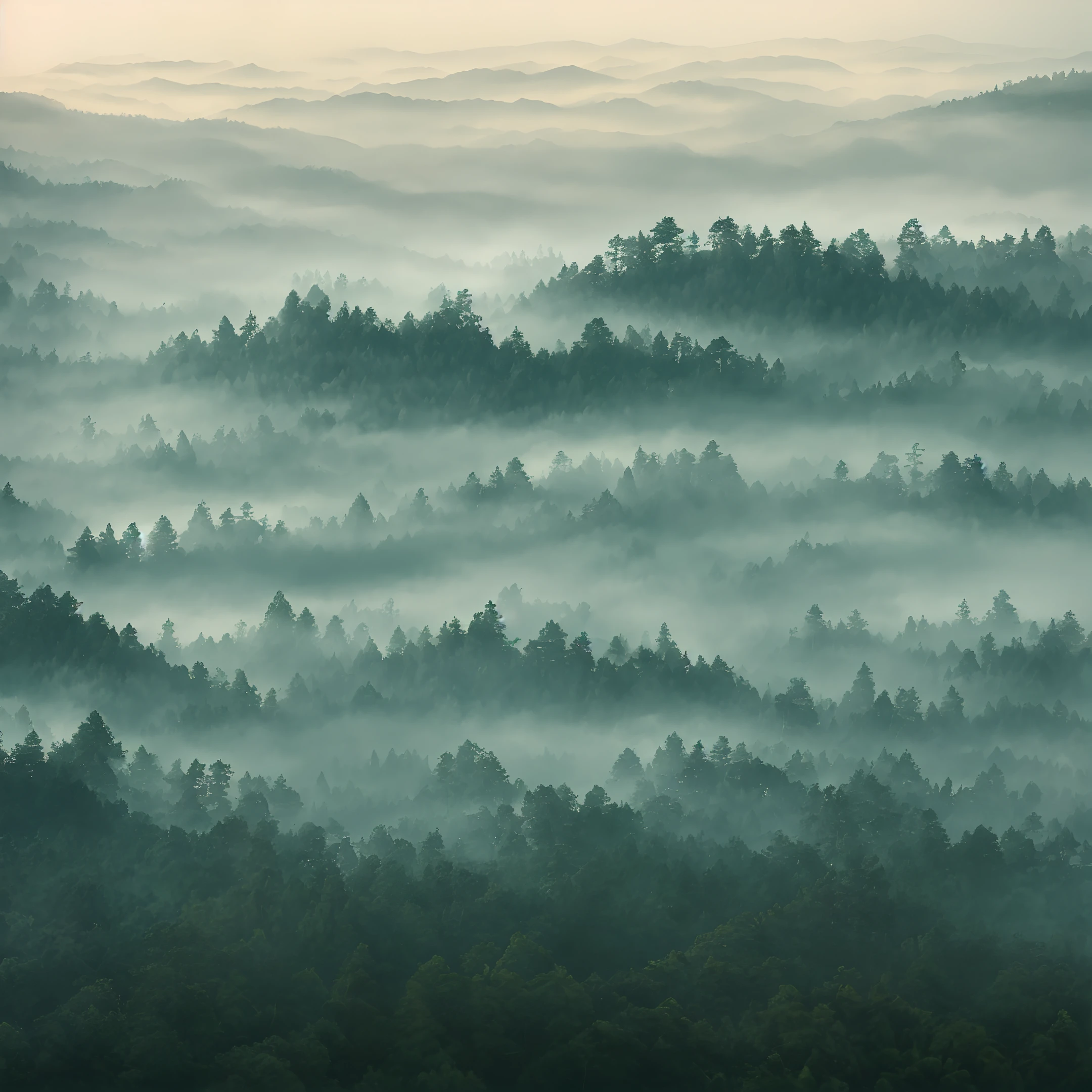 "An ultra-detailed and delicate masterpiece depicting a captivating scene of the pine forest shrouded in mist and gloom, with a soft and tranquil atmosphere of early morning twilight without the sun."